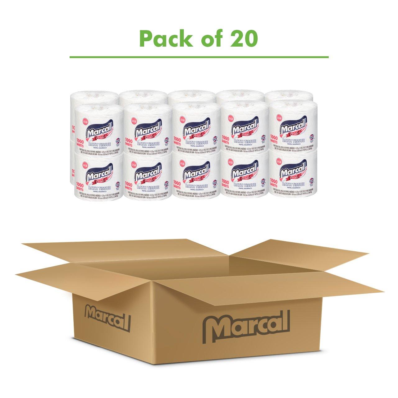 Marcal Marcal Pride Toilet Paper, White, 1000 Sheets Per Roll, 20 Rolls Per Case - Sustainable and Chlorine Free Bath Tissue 03408