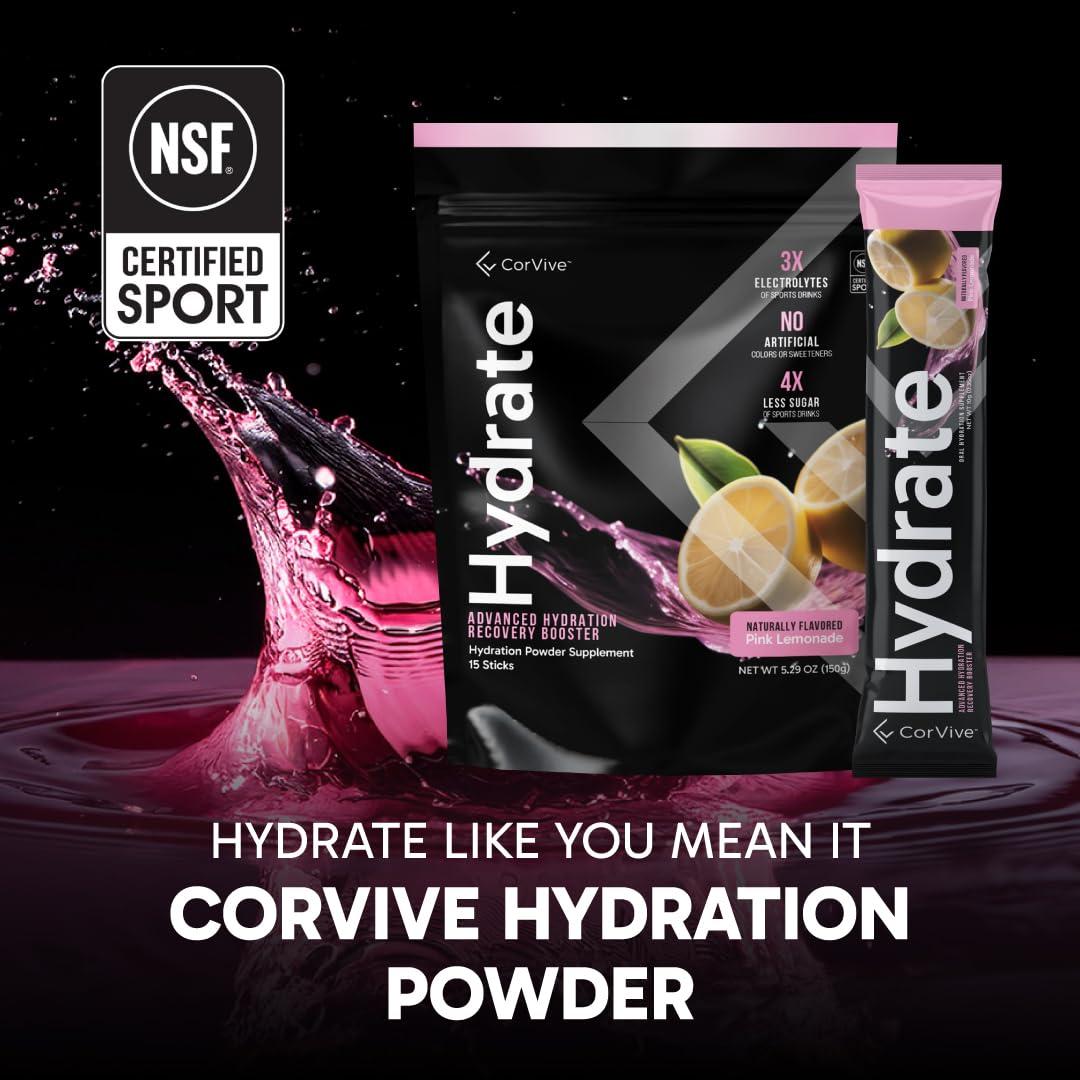 CorVive Hydrate Electrolyte Drink Mix | Pink Lemonade Flavor | NSF Certified | Electrolytes, Vitamin C, Magnesium, Zinc, Potassium | Used by Athletes & US Military | Boost Performance | 15 Packs