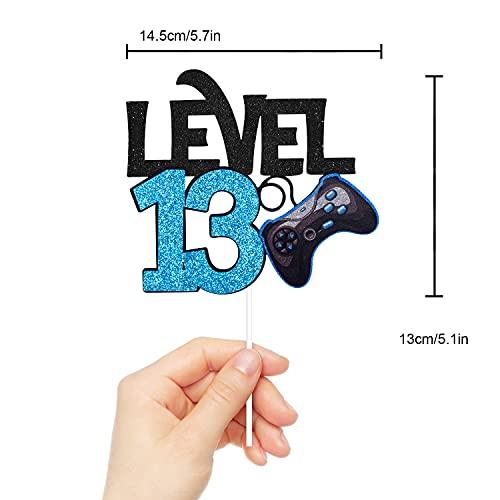 Caiwowo Level 13 Game Birthday Cake Topper - Video Game Boy's 13th Birthday Level Up Party Blue Cake Supplies - Game On Winner Gaming Party Decoration