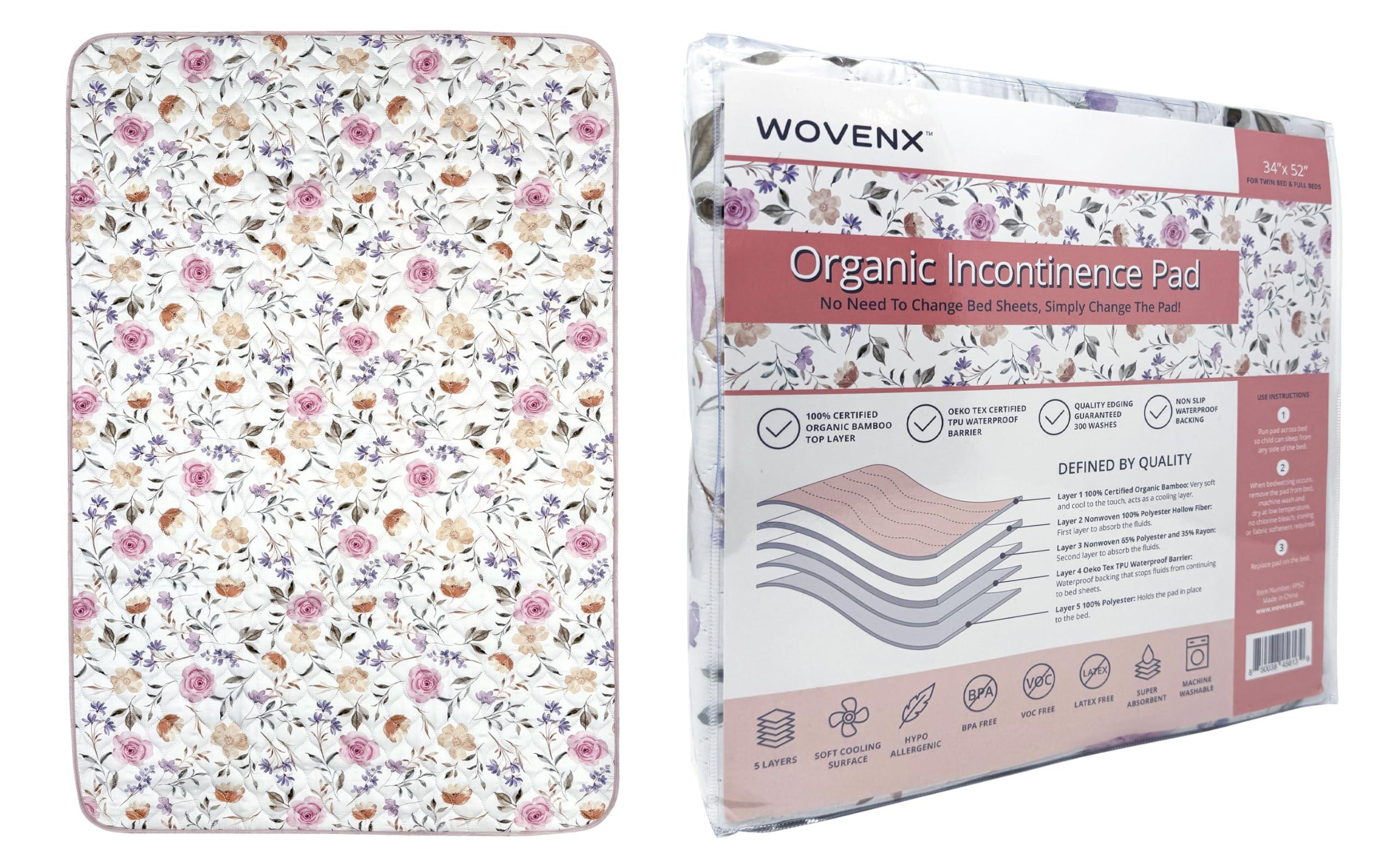 wovenx WOVENX Organic Incontinence Pads for Kids & Toddlers - 5 Layer Waterproof Protectors for Overnight Bed Wetting - Reusable & Washable Pee Pads - Fits Twin to Full Size Beds - 34\" x 52\" Flower