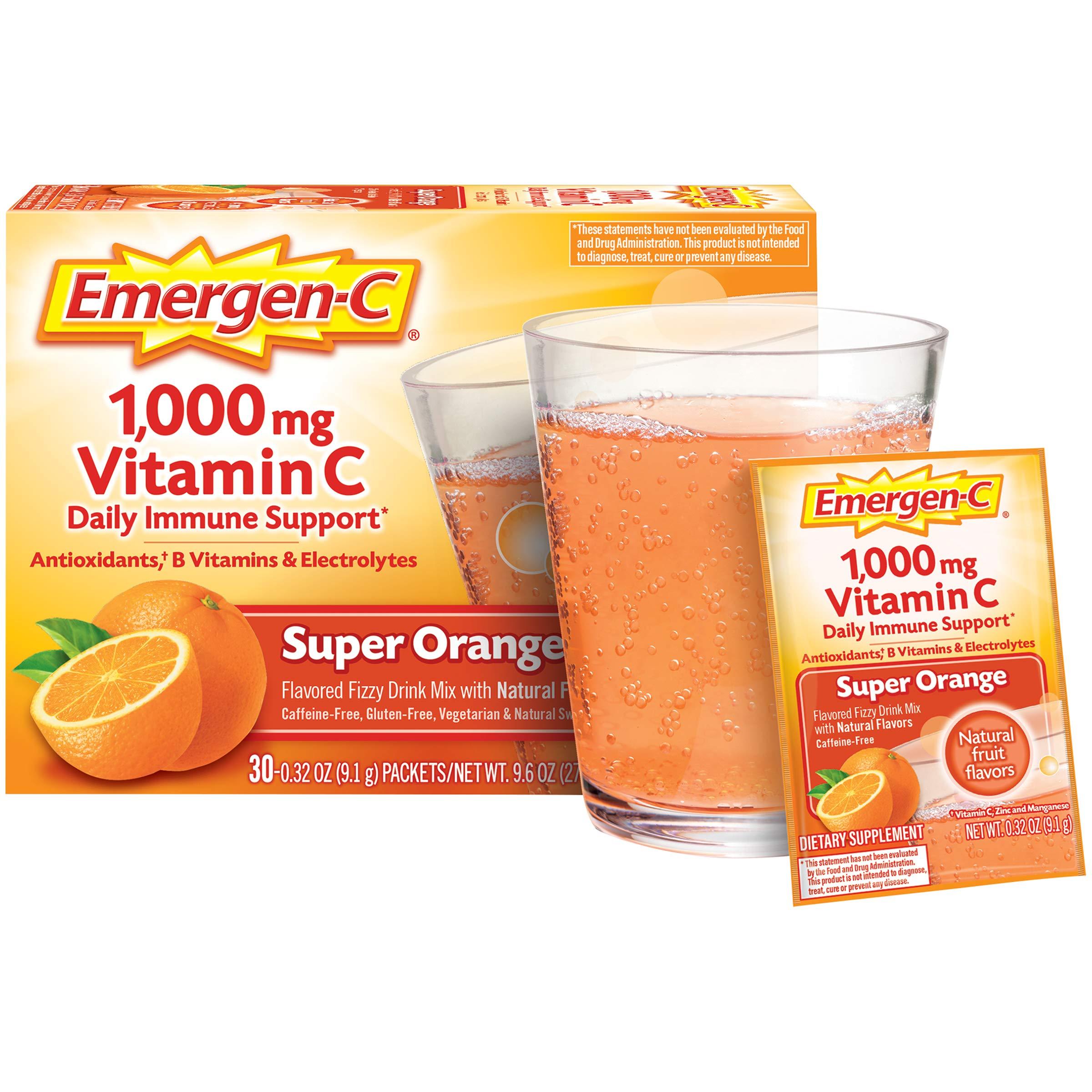 Emergen-C Emergen-C 1000mg Vitamin C Powder for Daily Immune Support Caffeine Free Vitamin C Supplements with Zinc and Manganese, B Vitamins and Electrolytes, Super Orange Flavor - 30 Count