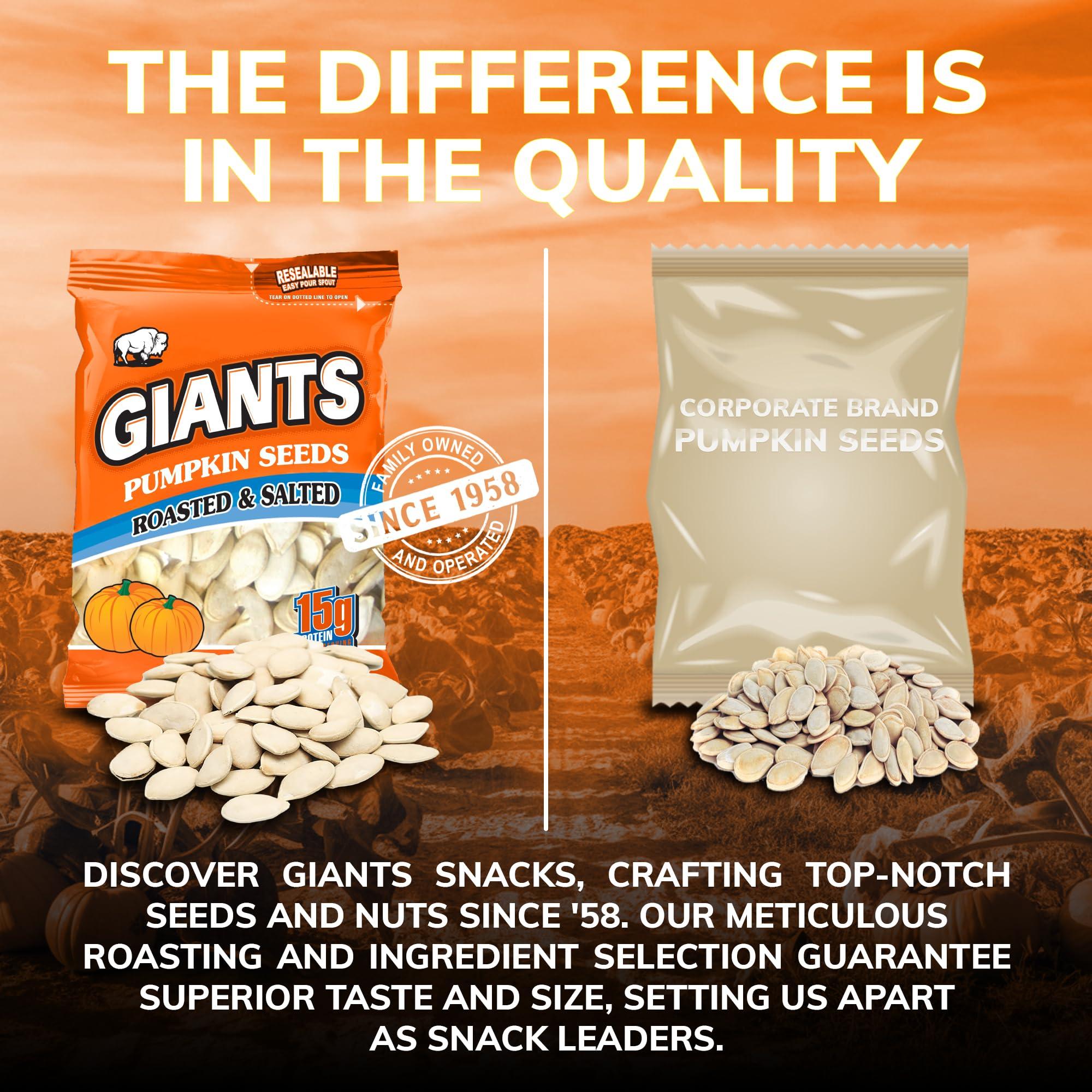 GIANTS SUNFLOWER SEEDS GIANTS Pumpkin Seeds - Pumpkin Seeds in Shell, Pumpkin Seeds to Eat, Roasted and Salted, Whole Pumpkin Seeds with Shell, High Protein Snack with 15g Protein Per Serving - 5.15 oz (Pack of 2)