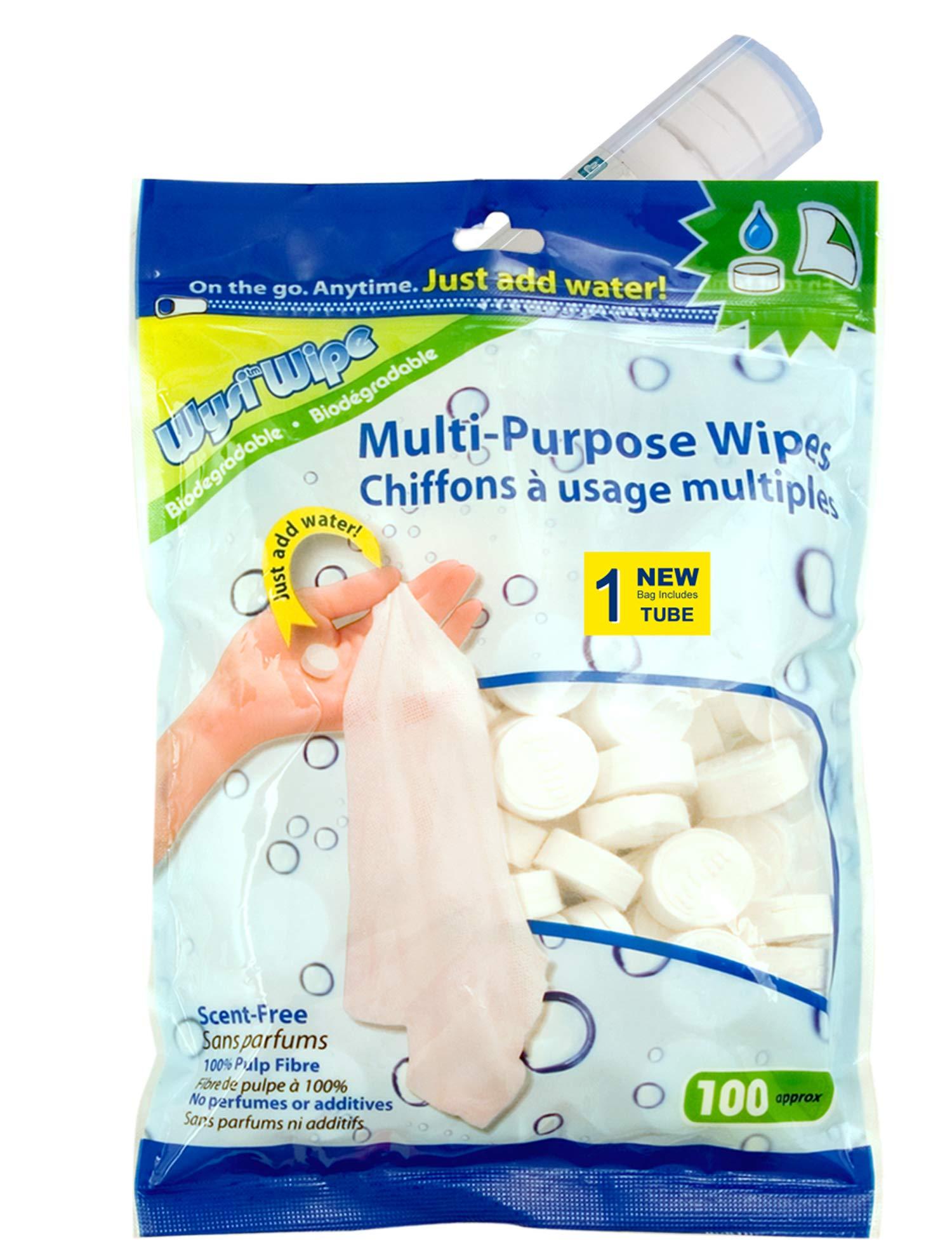 WYSI WYSI Multi-Purpose Wipes - Just Add Water - 100 Compressed Tablets & 1 To Go Tube - Multipurpose All Natural Reusable Wipes - Biodegradable Towelettes - Hypoallergenic - Compostable - Scent-Free