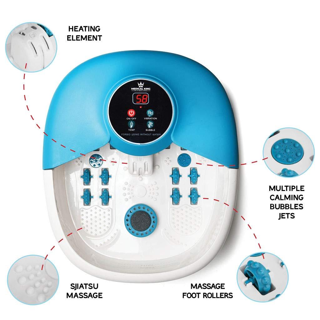Medical king Foot Spa Massager with Heat, 14 Rollers in Foot Shape - 5 in 1 Foot Bath Massager Includes Adjustable Heating, Bubbles, Vibration, Pumice Stone, Mini Massage Points - for Tired Feet, & Stress Relief