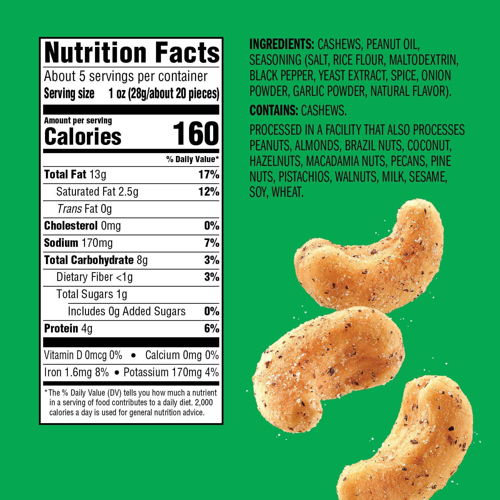 Emerald Emerald Nuts Salt and Pepper Seasoned Cashews (1-Pack), 5oz Resealable Bag, Kosher Certified, Non-GMO, Contains No Artificial Preservatives, Flavors or Synthetic Colors
