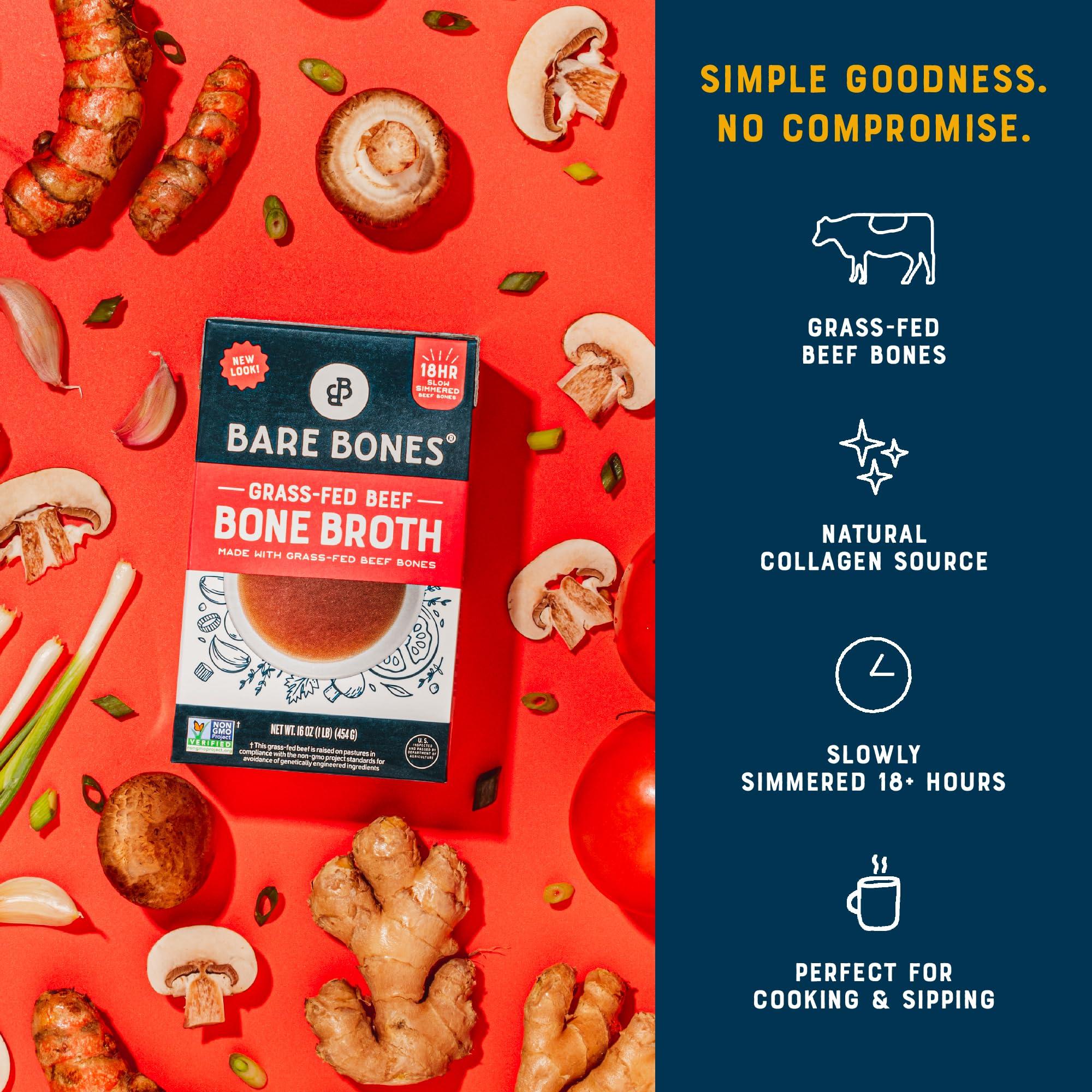 Bare Bones Bare Bones Grass-Fed Beef Bone Broth | Pour w/Pasture Raised Protein & Collagen for Cooking & Sipping | No Artificial Flavors Non-GMO Gluten & Dairy-Free Keto & Paleo Friendly | 16oz Carton | 8 Pack