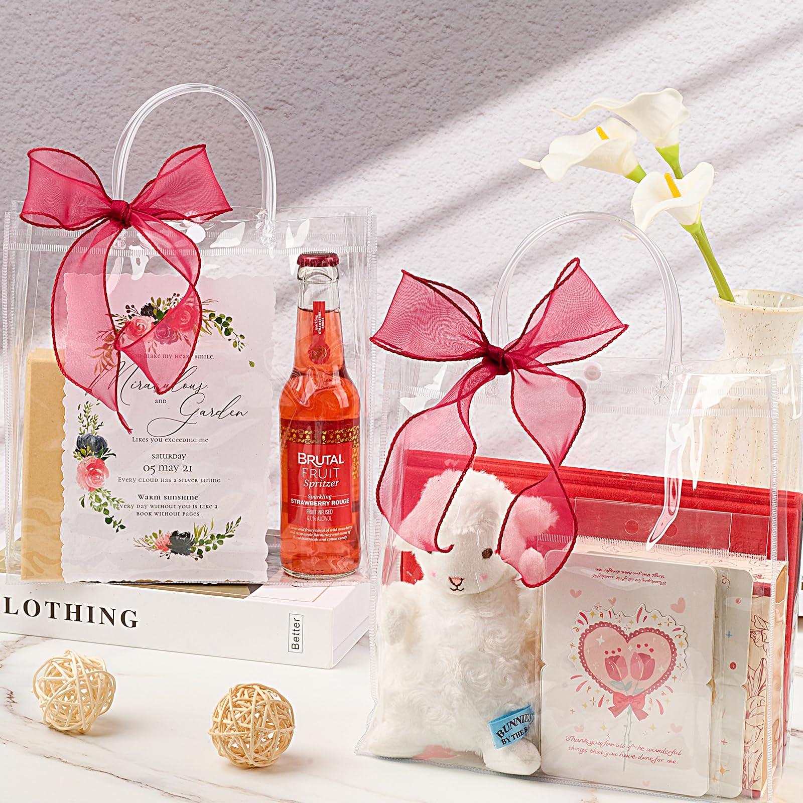 Jutieuo Jutieuo 20 Pack Clear Plastic Gift Bags with Handle, 9.84\" x 9.84\" x 3.54\", Reusable Transparent PVC Gift Wrap Tote Bags Bulk with Ribbons for Wedding, Baby Shower, Birthday Party Favor Bags