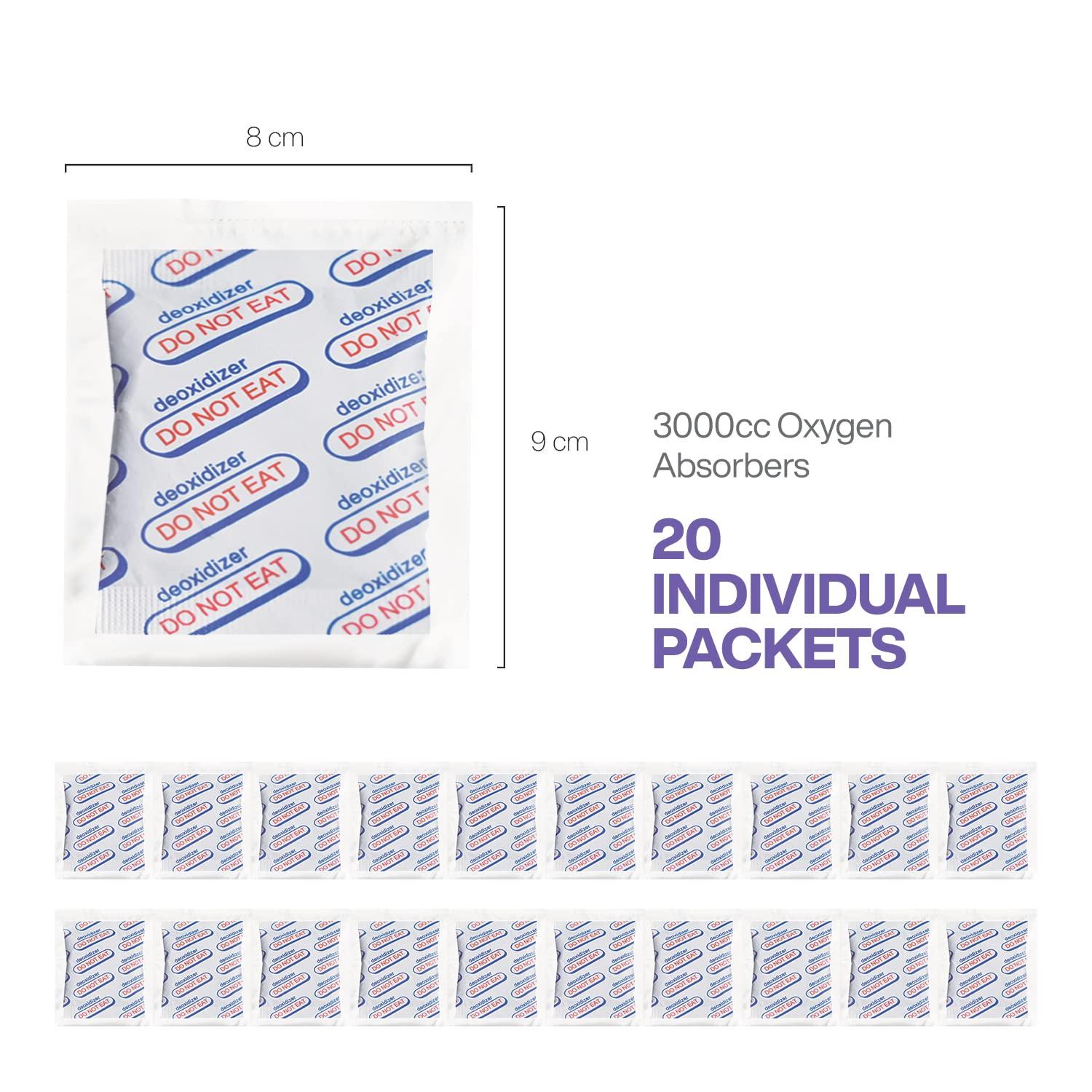 BRENSTEN 3000cc Oxygen Absorbers (Individually Sealed - Total 20 Count) for Food Storage, Food Grade Oxygen Absorbers Packets with Oxygen Indicator for Long Term Storage and Preservation (3000CC(20-Pack))