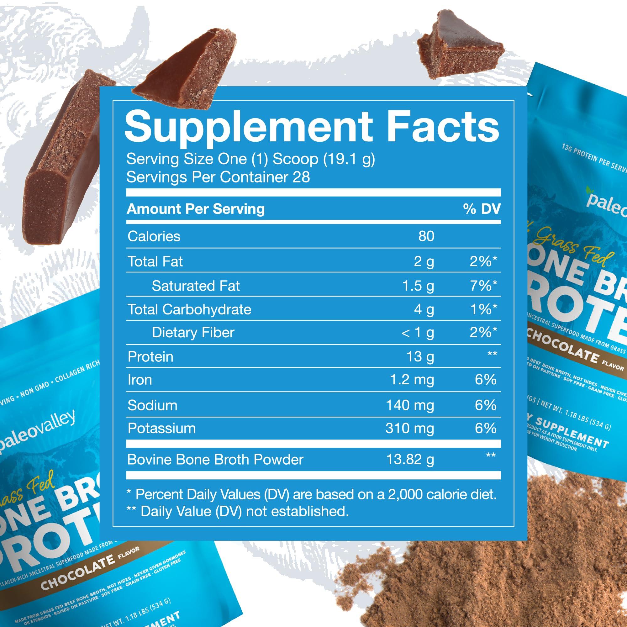 Paleovalley Paleovalley 100% Grass Fed Bone Broth Protein Powder - Chocolate - Rich in Collagen for Hair, Skin, Gut Health, Bone and Joint Support - 28 Servings