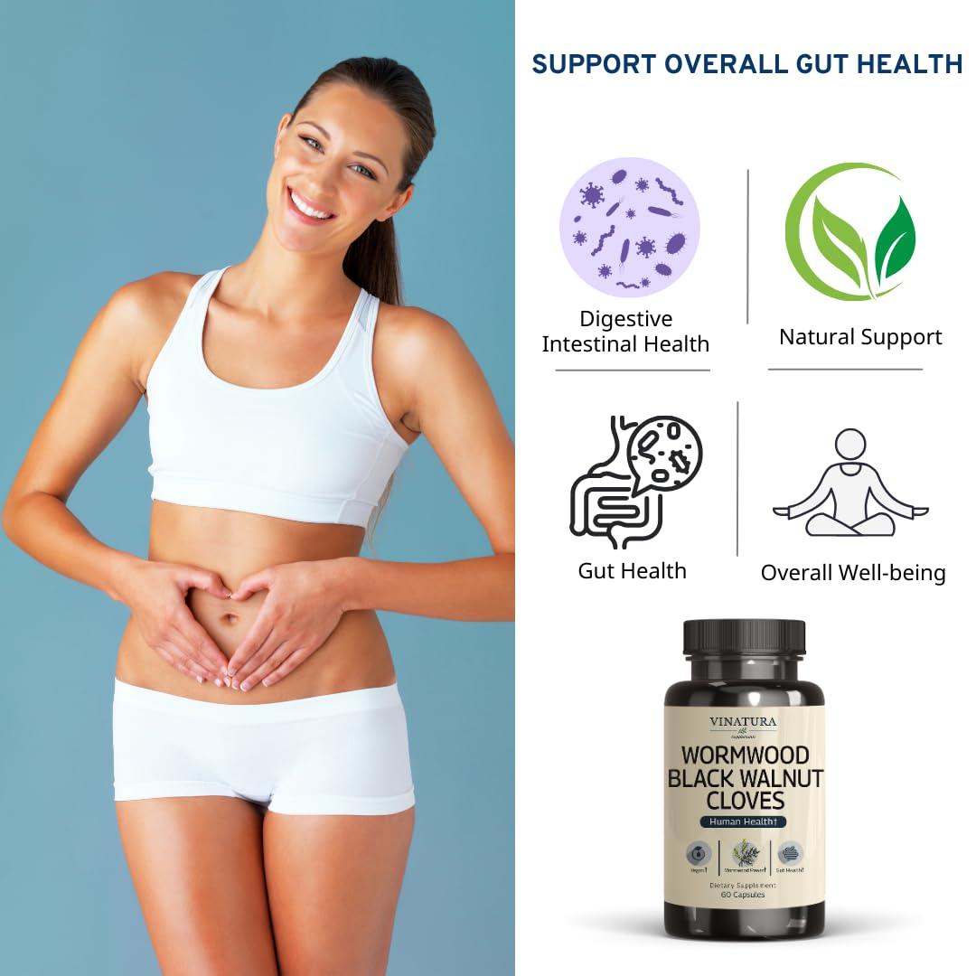 VINATURA VINATURA Wormwood Black Walnut Clove Capsules - Cleanse, Detox, Intestinal Guard Formula Supplement for Humans, with Wormwood herb, Black Walnut Extract Combination, 60 Capsules