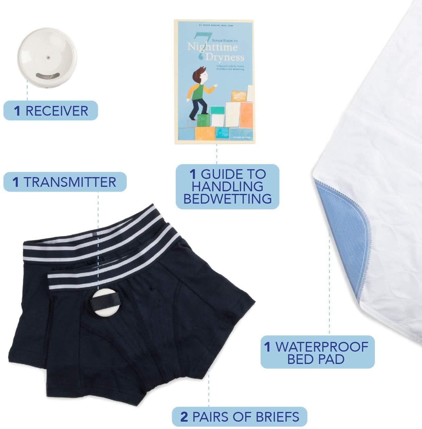 dry defender Rodger Wireless Bedwetting Alarm Kit - Bed Wetting System for Kids - Two Moisture Sensing Briefs, Waterproof Bed Pad, Guide Book, Free Mobile App - Child, Navy, Medium