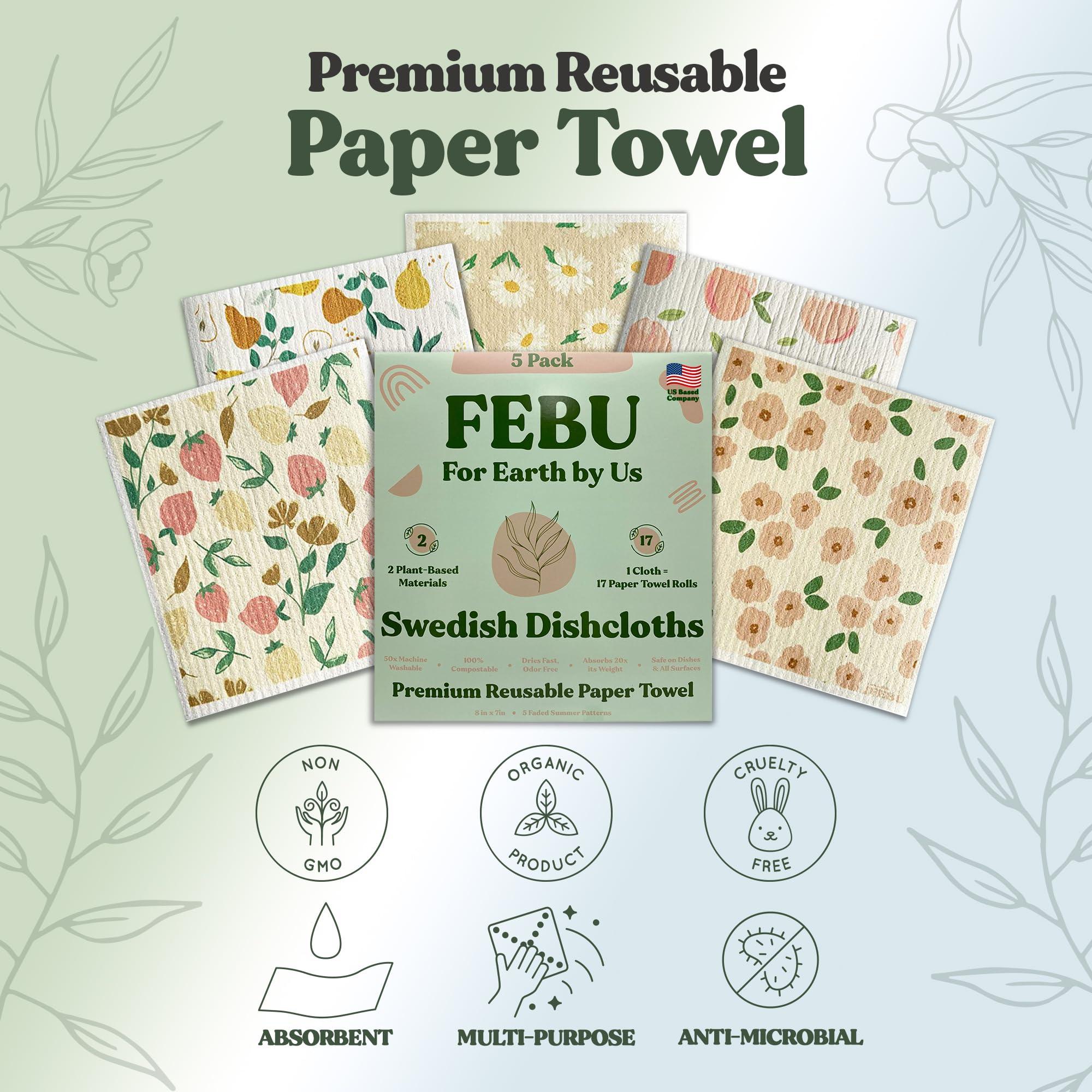 FEBU FEBU Swedish Dishcloths for Kitchen | 5 Pack Faded Summer Reusable Paper Towels Washable | Swedish Dish Towels | Non-Scratch Cellulose Sponge Cloths | No Odor, Biodegradable Cleaning Cloths