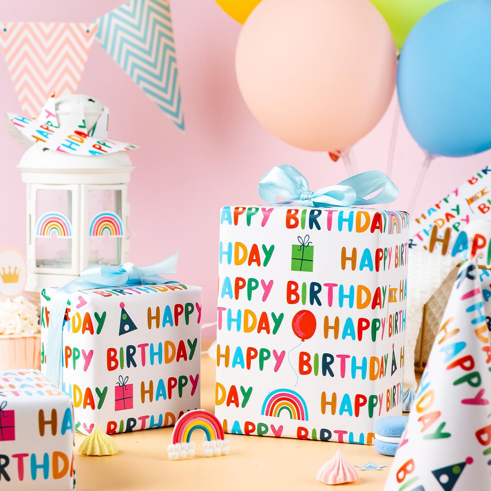 MAYPLUSS MAYPLUSS Birthday Mini Wrapping Paper Roll-46.8sqft. White with Colorful Happy Birthday Lettering, Gift Box for Birthday, Baby Shower, Party-17in x 33ft