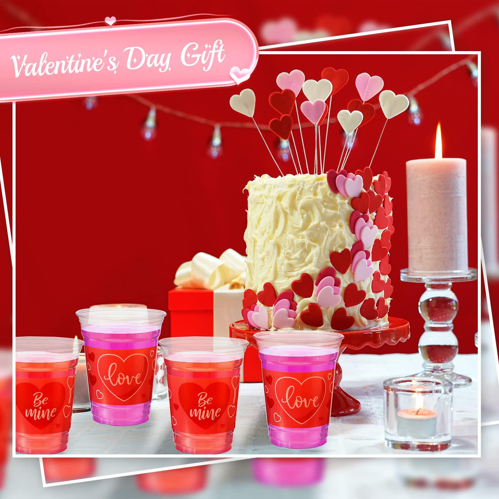 Meanplan Meanplan 100 Pcs 12 oz Valentine Plastic Cups Disposable Valentine Clear Coffee Cups Pink Heart Shot Glasses Party Supplies for Liquor Iced Coffee Juice(Be Mine Style)