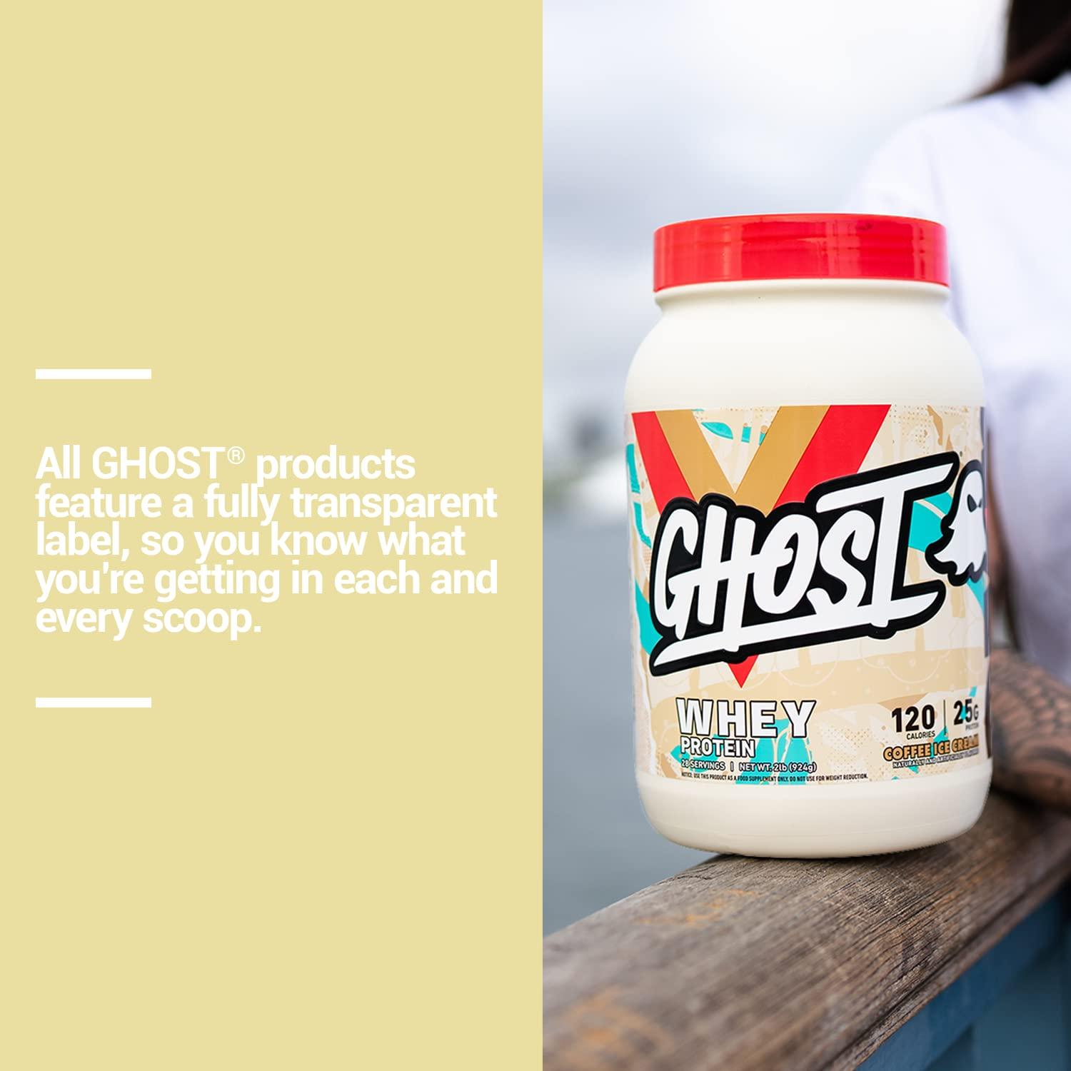 GHOST GHOST Whey Protein Powder, Coffee Ice Cream - 2LB Tub, 25G of Protein - Flavored Isolate, Concentrate & Hydrolyzed Whey Protein Blend - Post Workout Shakes - Soy & Gluten Free