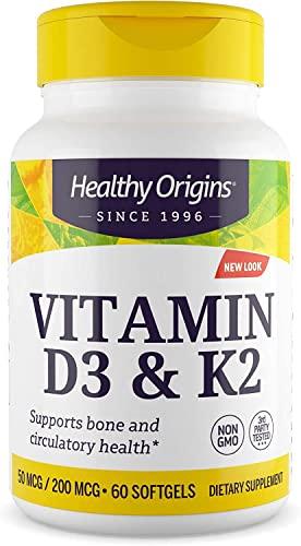 Healthy Origins Healthy Origins Vitamin D3 & K2 - Vitamin D3, 50 mcg - Vitamin K2, 200 mcg - Easily Absorbable Vitamin D & Vitamin K Supplements - Non-GMO & Gluten-Free Supplements - 60 Softgels