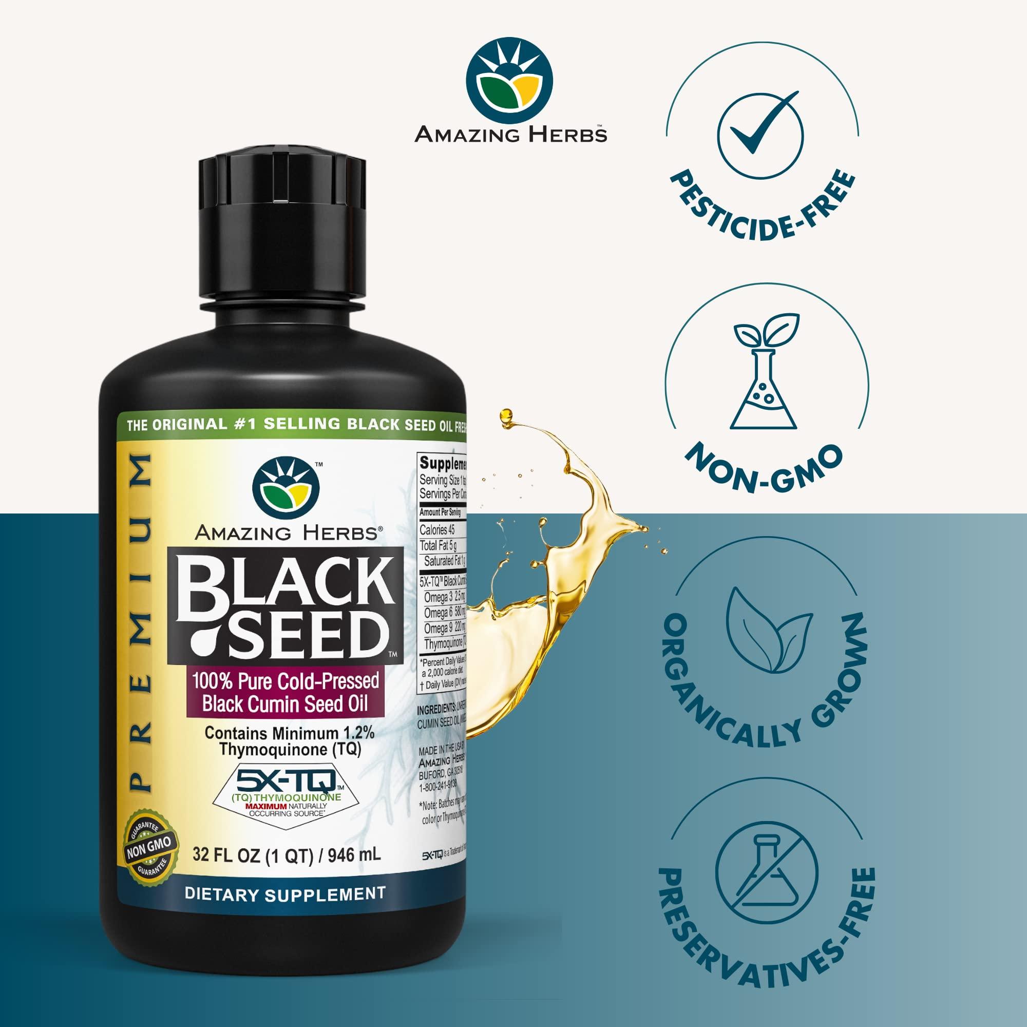 Amazing Herbs Amazing Herbs Premium Black Seed Oil - Cold Pressed Nigella Sativa Aids in Digestive Health, Immune Support, Brain Function, Joint Mobility, Gluten Free, Non GMO - 32 Fl Oz (Pack of 2)