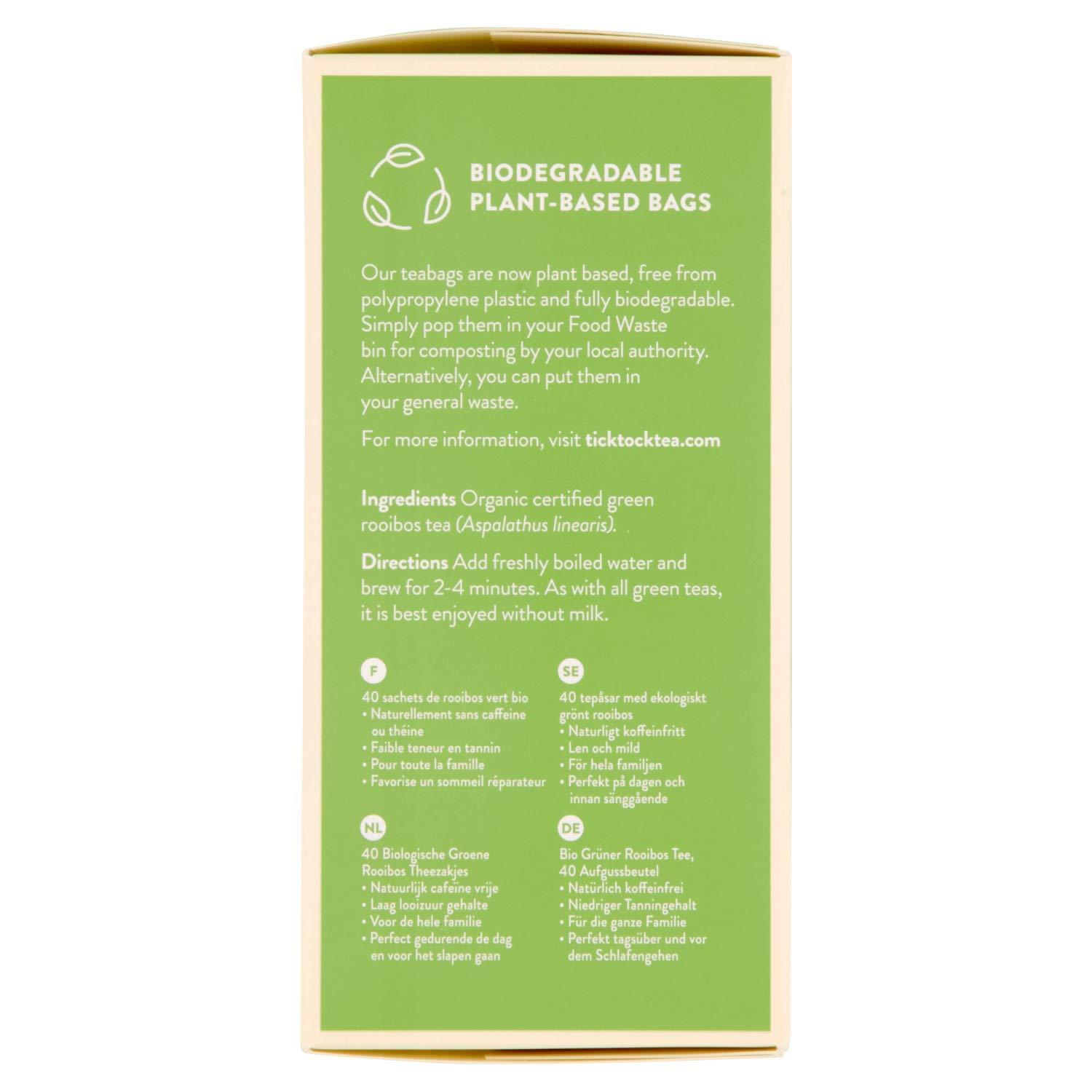 Tick Tock TICK TOCK TEAS Naturally Caffeine Free Red Bush Herbal Green Tea, 40 Count, Organic Rooibos Green Tea, 2.5 Oz