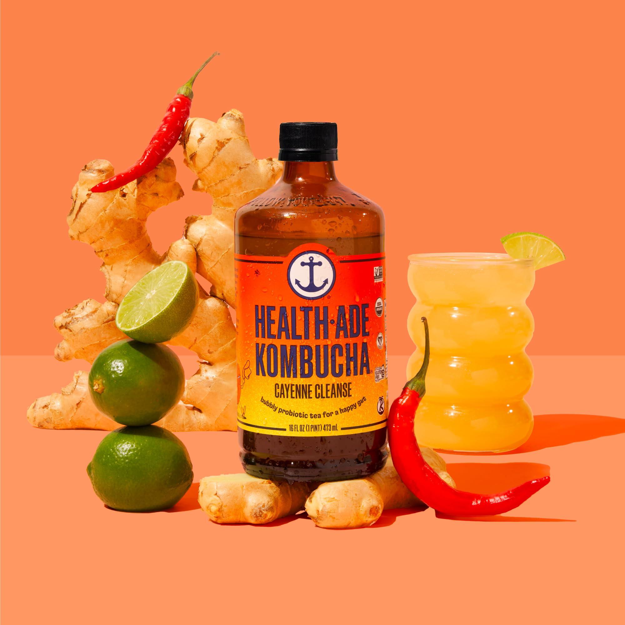 Health-Ade Health-Ade Kombucha Tea Organic Drink, Fermented Tea with Living Probiotics, Detoxifying Acids, Supports Gut Health, Non-GMO, Vegan, Gluten Free, 12 Pack (16 Fl Oz Bottles), Cayenne Cleanse