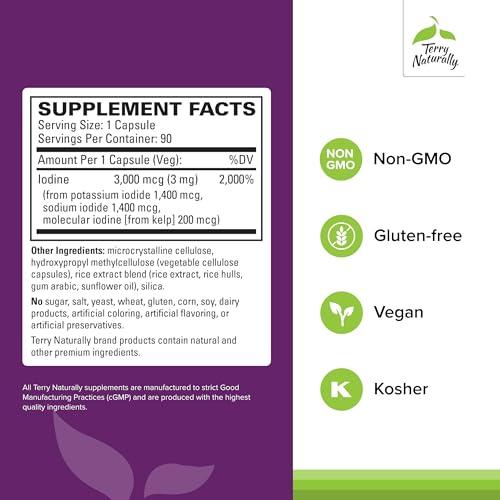 Terry Naturally Terry Naturally Tri-Iodine - Dietary Supplement for Breast & Prostate Health Support - Healthy Thyroid Function Supplement Aid - 3 mg, 90 Capsules, 2 Pack