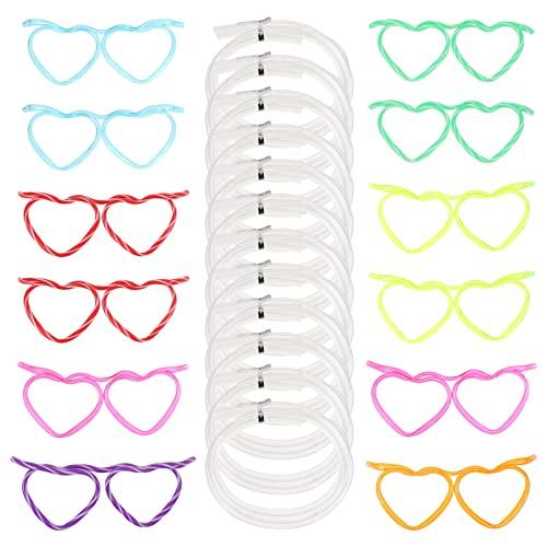 EXCEART Drinking Straws Glasses- Shaped 12Pcs DIY Heart Glasses Plastic Silly Straw Eyeglasses for 7 Colors