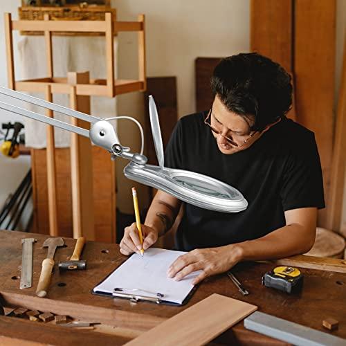 bemelux Bemelux LED Magnifying Lamp with Clamp, 5 Inch Magnifier Glass Lens, Metal Swing Arm Dimming 1200 Lumens Lighted Magnifying Desk Lamp for Crafts, Bright 60PCS LEDs - 2.25X Magnification(Silver)