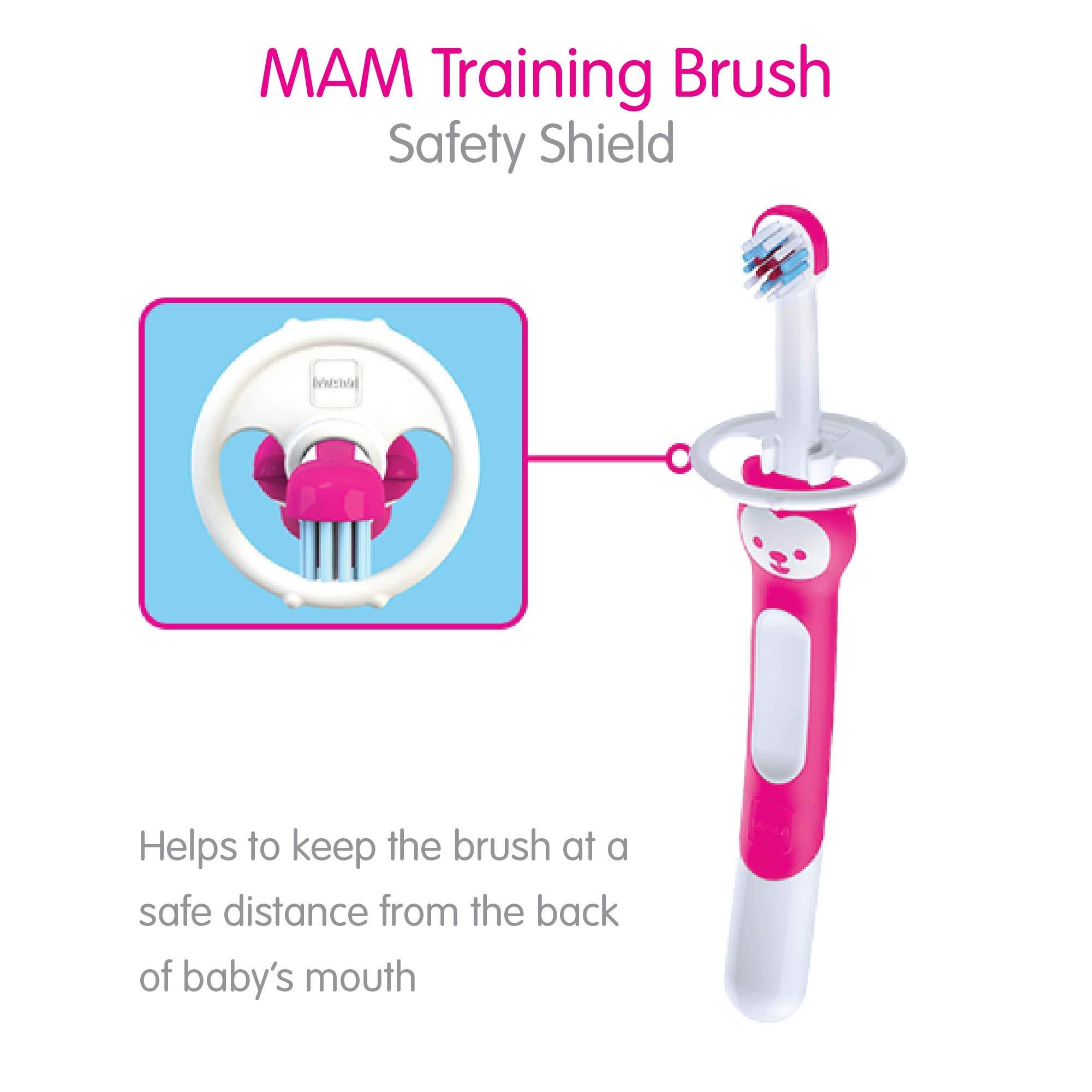 MAM MAM Training Toothbrush for Babies (1 Baby\'s Brush with Safety Shield), Baby Toothbrush with Brushy The Bear Character, Interactive App, for Girls 5+ Months, Pink (Pack of 2)
