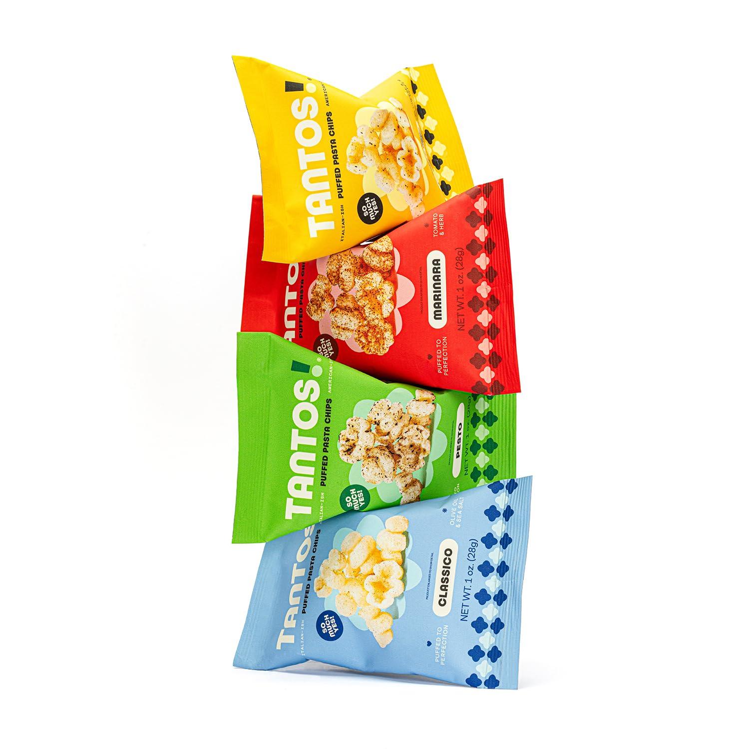 Tantos Tantos! Puffed Pasta Chips Variety Pack - Gourmet Italian Snacks - 4 oz Bags (12 Pack) - Pizzeria Style Chips with Marinara, Pesto, Cacio e Pepe, Classico - Chef Created Office & Kids Lunch Snacks
