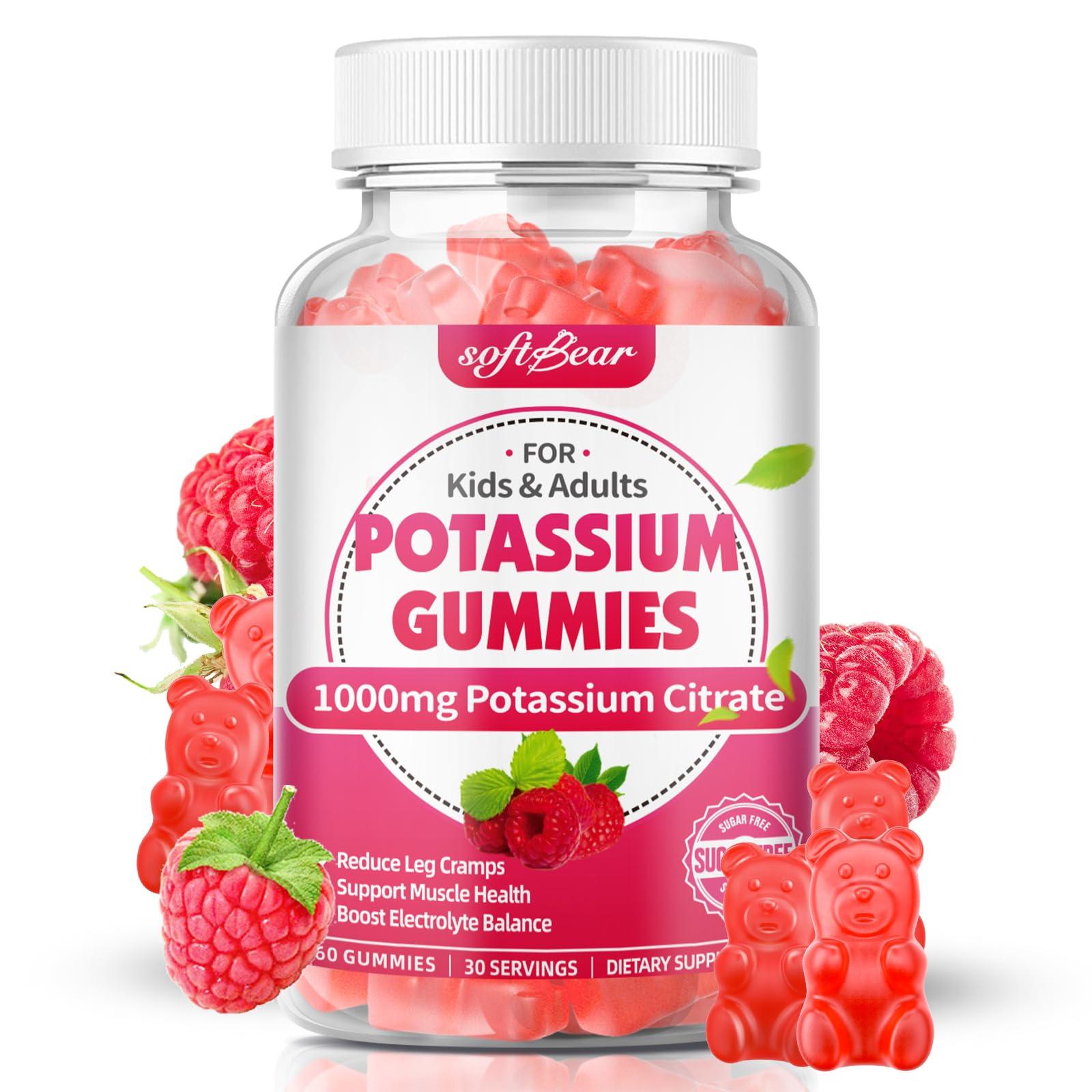 softbear softbear Potassium Gummies for Adults, High Potency Potassium Citrate 1000mg Supports Leg Cramps & Muscle Health Organic Potassium Supplement Gummies Raspberry Flavor 60 Count