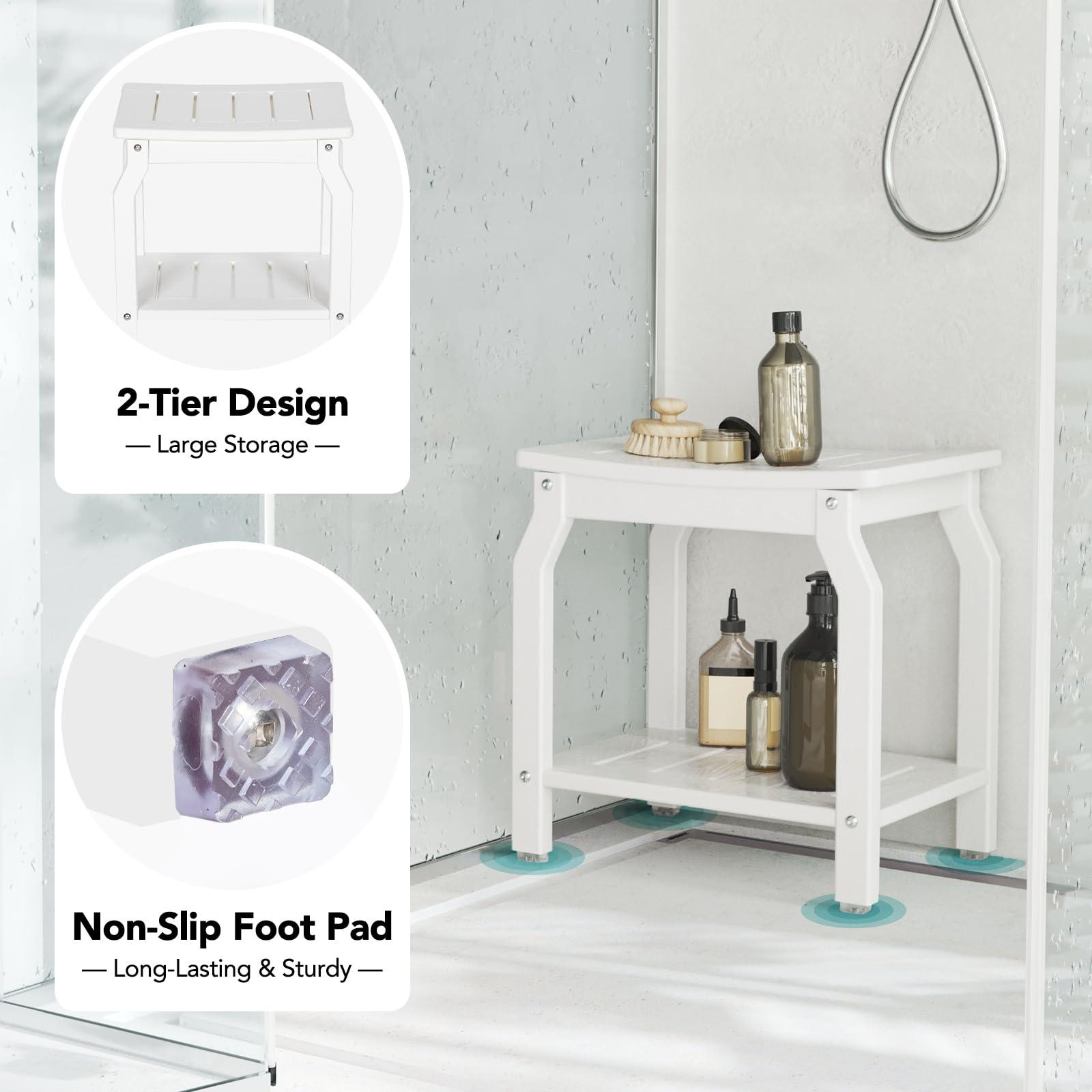 LOENIY LOENIY 2-Tier HDPE Shower Bench with Non-Slip Foot Pads, Wood-Like Spa Shower Stool for Inside Shower, Ergonomic Water-Proof Bathroom Bench Seat with Storage Shelf, for Seniors & Adults (White)