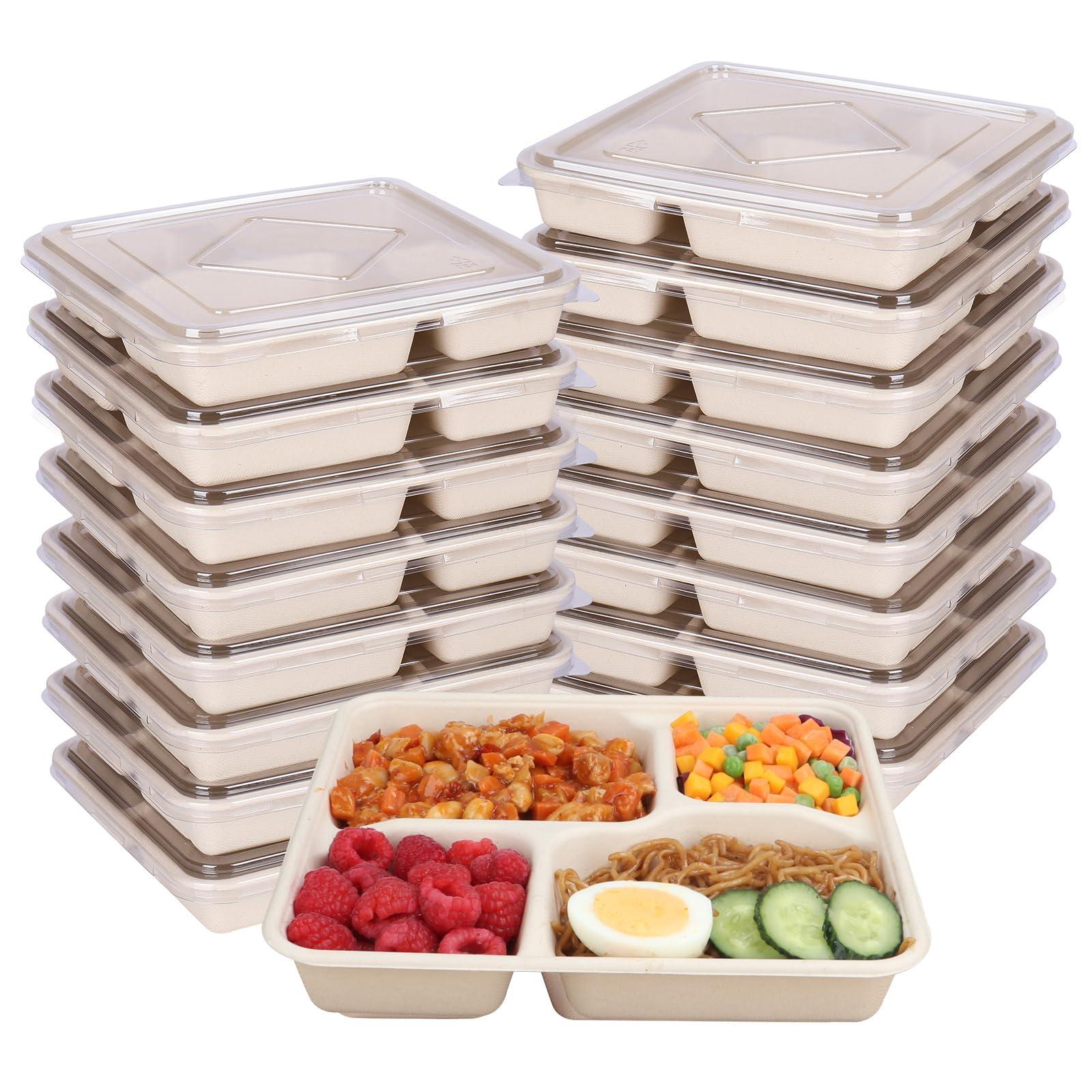 JAYEEY JAYEEY 37 OZ Sugarcane Fiber 4 Compartments disposable plates with Lids Bagasse Plant Fibers Freezer Safe 25 PACK