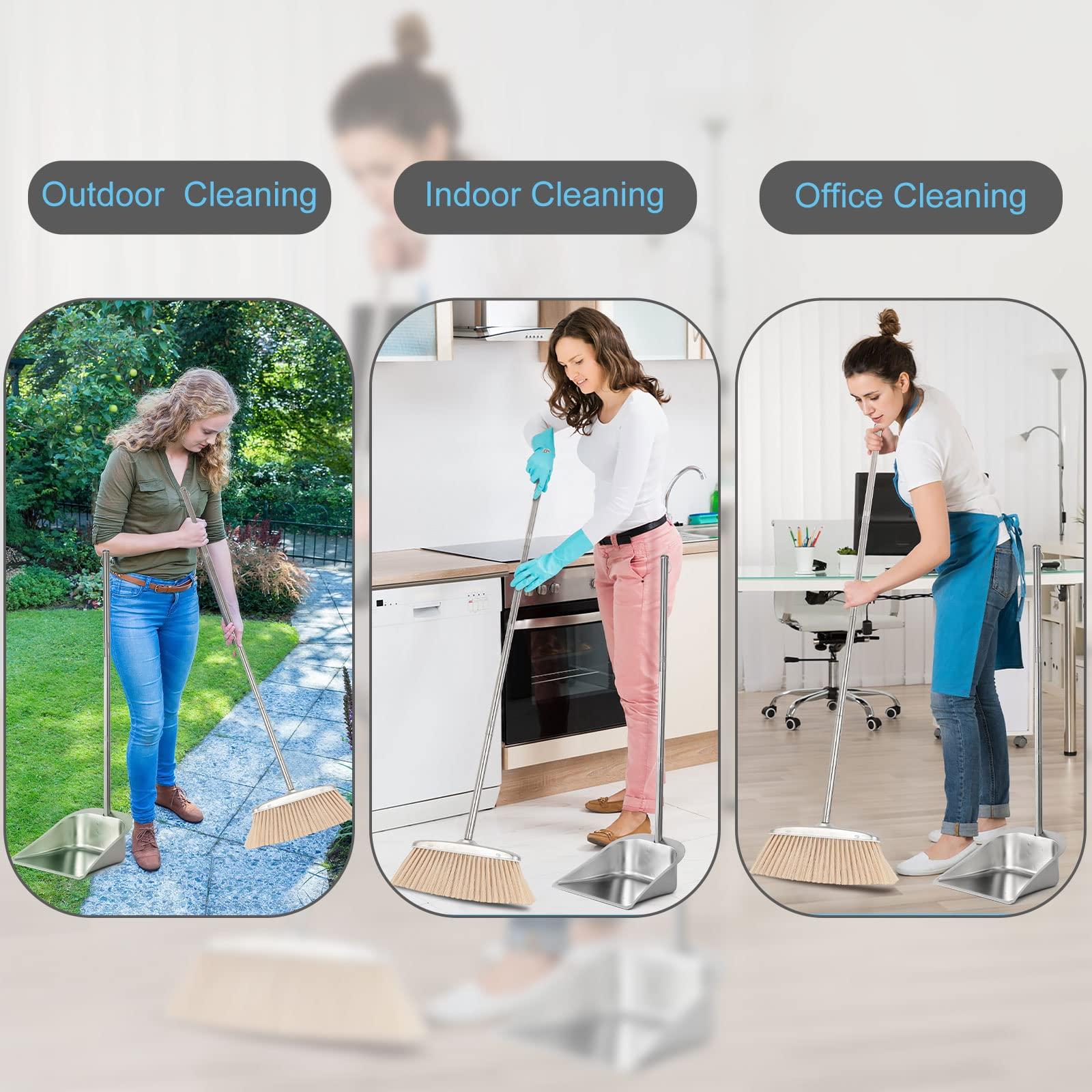 VOOWO VOOWO Broom and Dustpan Set for Home, Stainless Steel Broom and Dustpan Set with Long Handle, Heavy Duty Dustpan Broom Set Standing Dust Pan Kitchen and Home Indoor Outdoor Broom