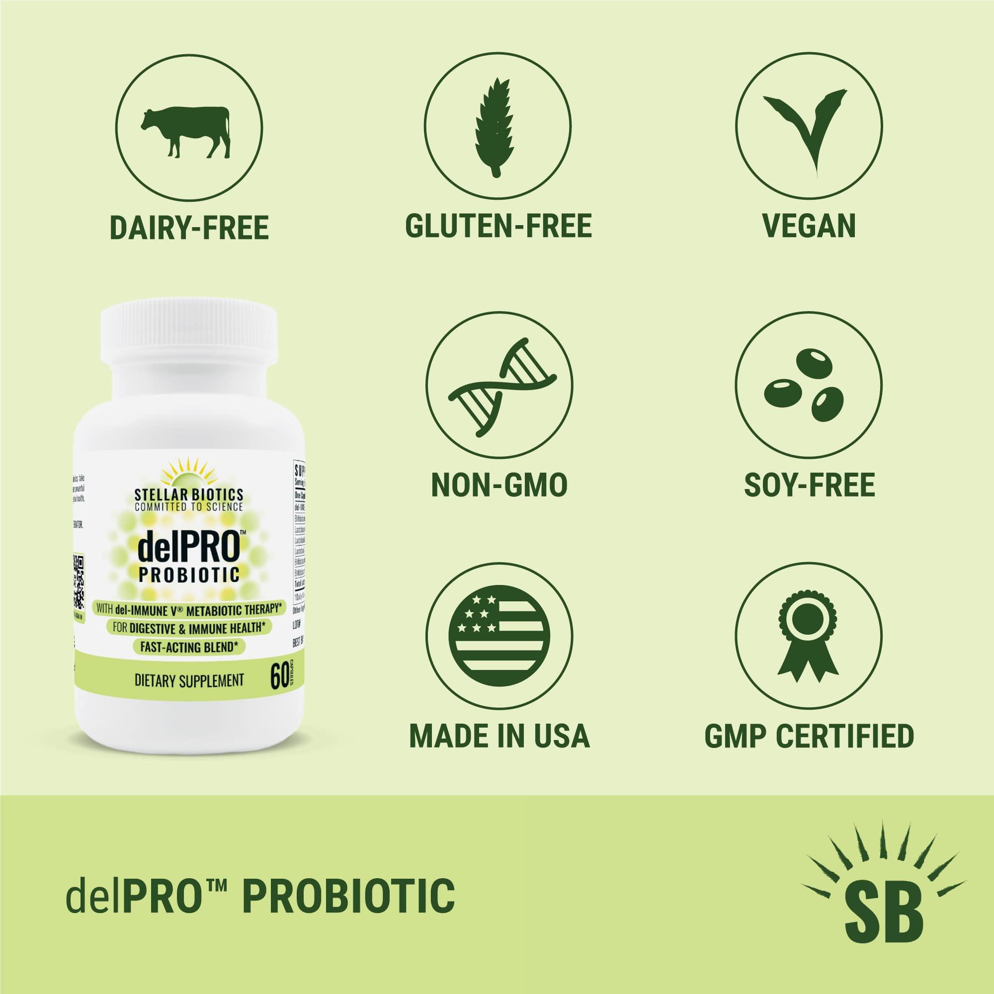 Del-Immune V Stellar Biotics - Delpro Probiotic (+ Del-Immune V & Prebiotic Blend) Promotes Optimal Gut Health, Digestion, Immune Support & Mood (60 Capsules)