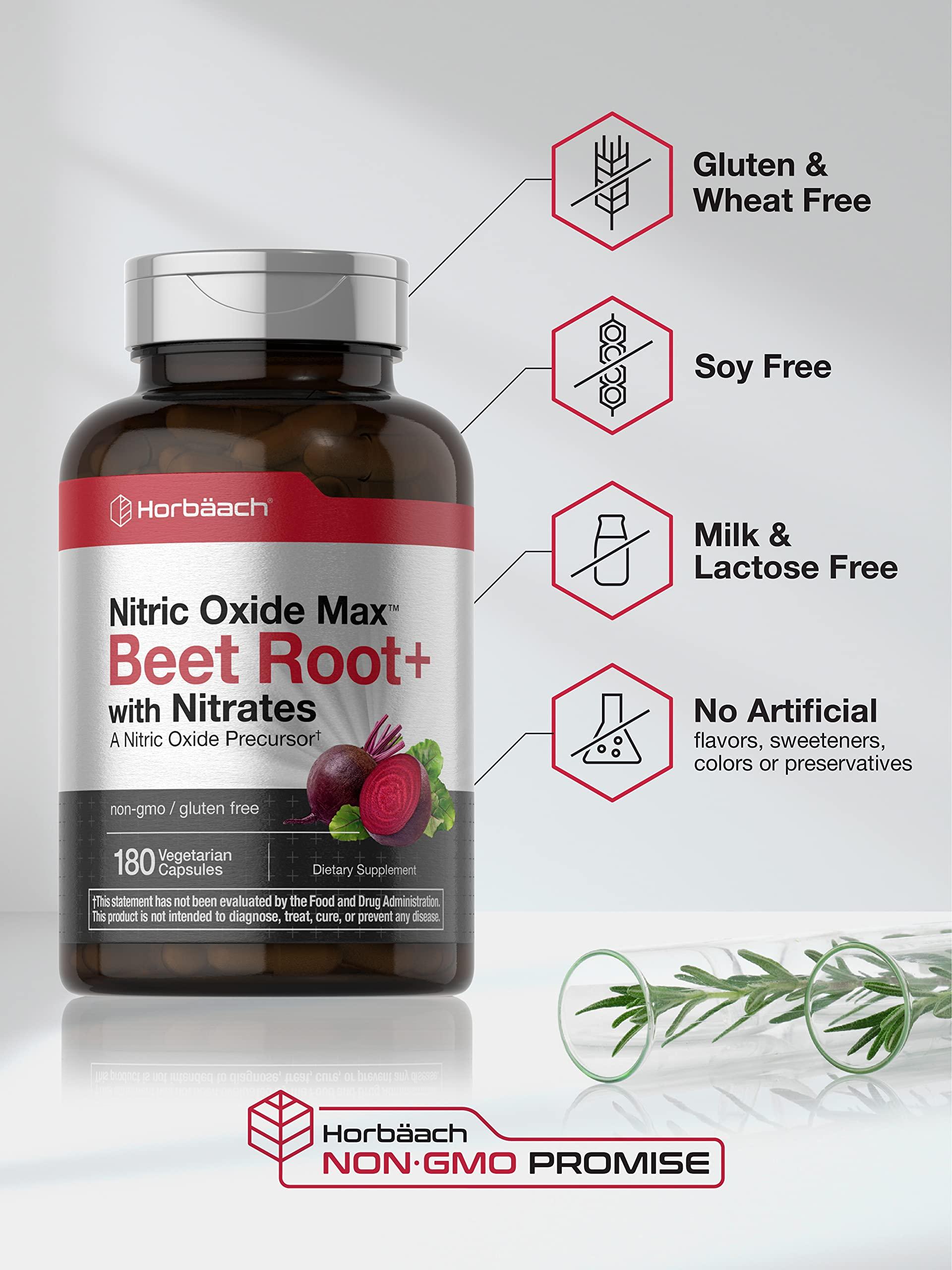 Horbach Horbach Nitric Oxide Beet Root Capsules | 180 Count | with Nitrates and Precursor | for Men and Women | Vegetarian, Non-GMO, Gluten Free Supplement