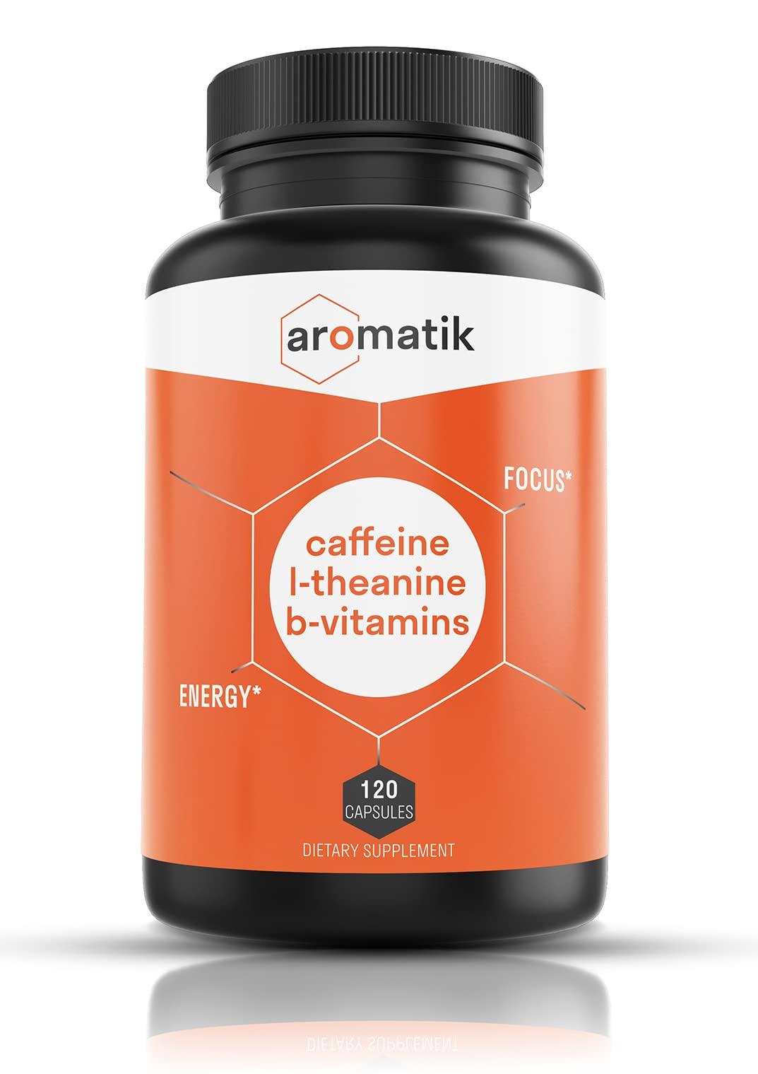 Aromatik Aromatik Caffeine L-Theanine Focus Supplement | Caffeine (100 mg) + L-Theanine (200 mg) + B Vitamins | Energy Focus Cognition | USA Made at FDA Registered Facility | Vegan Capsules | 120 Servings