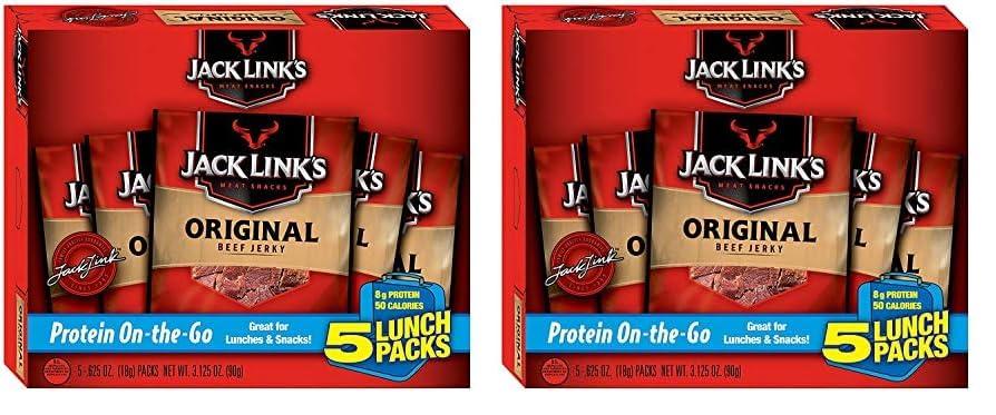 Jack Link\'s Jack Link\'s Beef Jerky 5 Count Multipack, Original, 5, 0.625 oz. Bags - Flavorful Meat Snack for Lunches, Ready to Eat - 7g of Protein, Made with 100% Beef - No Added MSG** or (Pack of 2)