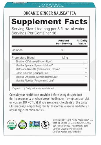 Earth Mama Earth Mama Organic Ginger Nausea Tea | Comforts Occasional Nausea + Morning Sickness, 16 Teabags Per Box (6-Pack)