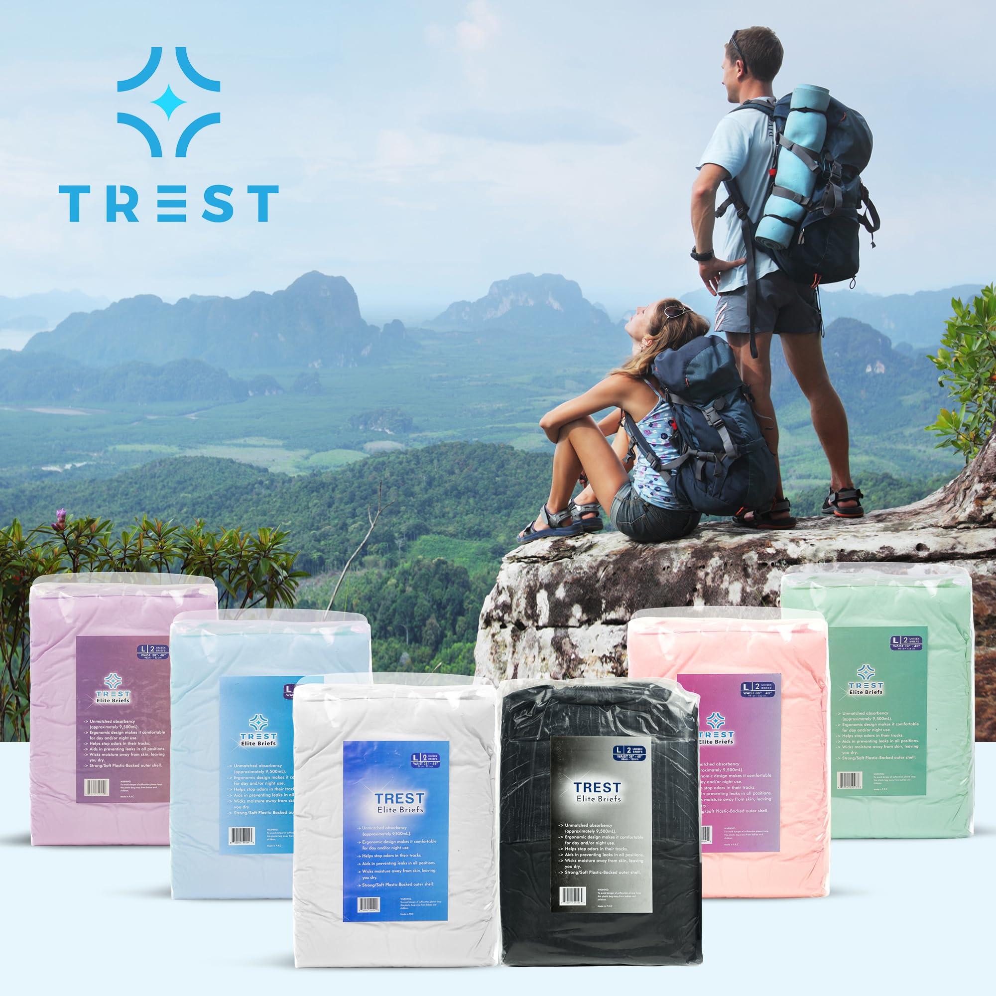 Trest TREST Elite Briefs for Men and Women, Overnight Diapers for Incontinence, Elite Absorbency, Comfortable, Odor Neutralizing and Secure Fit with 2 Wide Tabs - Blue, Large (Pack of 2)