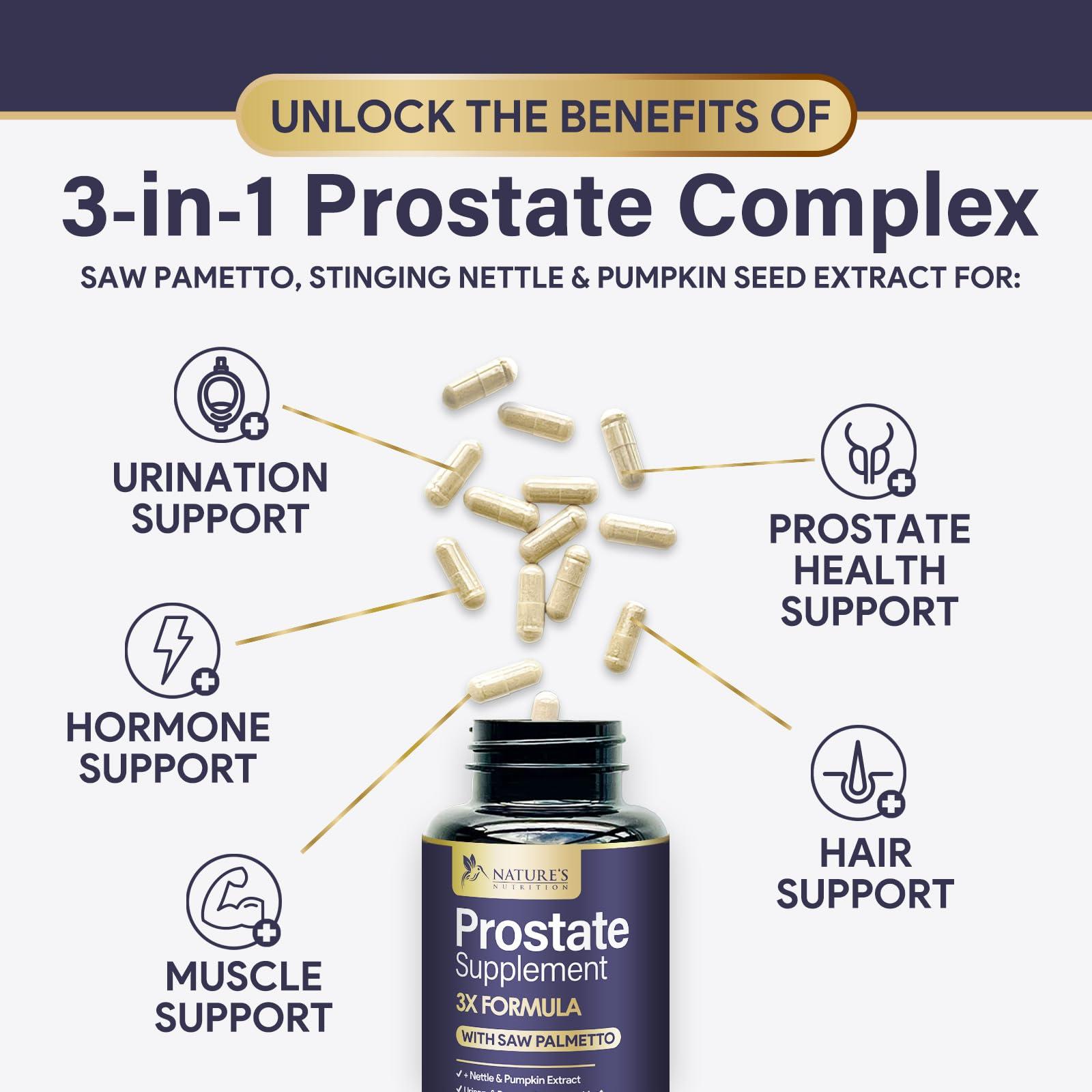 Nature\'s Nutrition Prostate Men Supplement - Support Complex Formula with Saw Palmetto, Beta Sitosterol, Stinging Nettle, Pygeum, Pumpkin Seed, Zinc, Vitamin B6 E - Supports Prostate & Urinary Health - 120 Capsules
