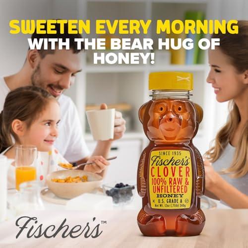 Fischer\'s Fischers 100% Clover Honey, 12 Oz Pure, Raw & Unfiltered Honey Squeezable Honey Bear Bottle Gluten-Free, Non-GMO All-Natural Sweetener