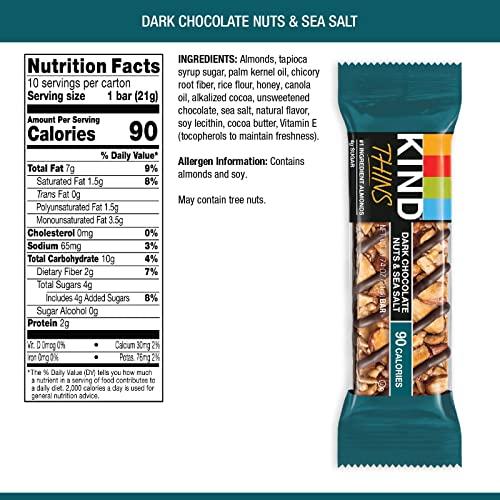 KIND KIND THINS Dark Chocolate Nuts & Sea Salt Bars (Now with Peanuts), Gluten Free, 4g Sugar, 0.74 oz bars, 10 count