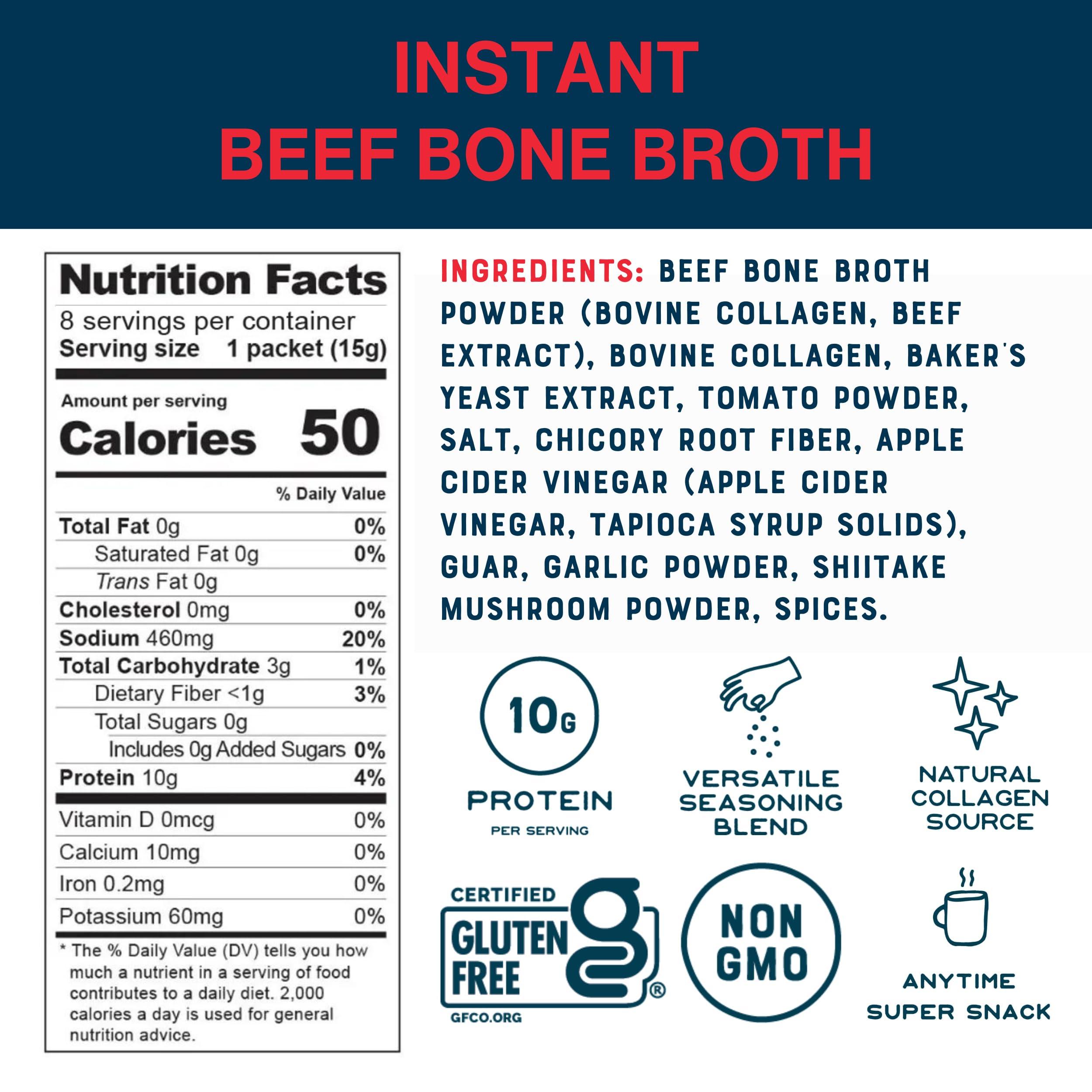 Bare Bones Bare Bones Beef Bone Broth Instant Powdered Mix | Rich Savory Packets on-the-Go No Artificial Flavors | 100% Grass Fed Keto & Paleo Friendly | 10g Protein | 8 Pack