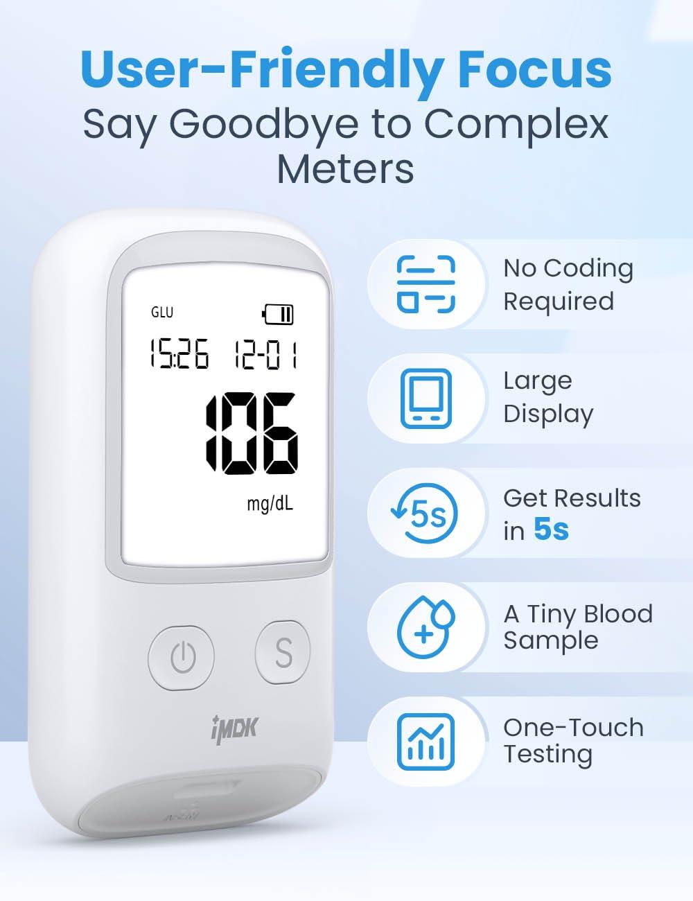 FoviFlxy IMDK Blood Glucose Monitor Kit, Blood Sugar Test Kit with 100 Glucometer Strips, 100 Lancets and 1 Lancing Devices, No Coding Required & FSA/HSA Eligible