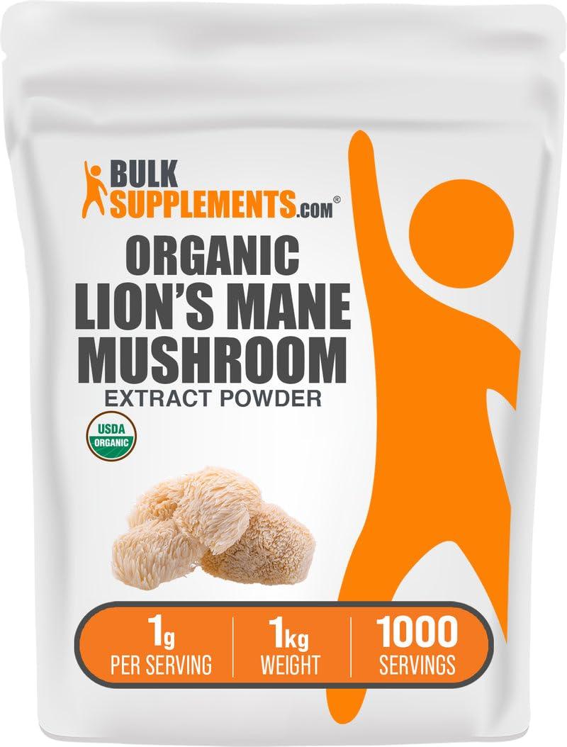 BULKSUPPLEMENTS.COM BulkSupplements.com Organic Lion\'s Mane Mushroom Extract Powder - Lions Mane Supplement Powder, Lion\'s Mane Extract - Mushroom Supplement, 1000mg per Serving, 1kg (2.2 lbs) (Pack of 1)