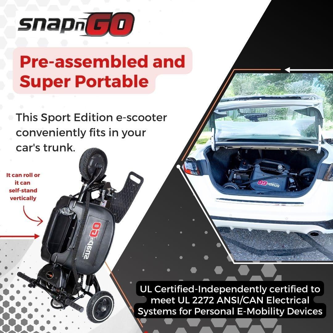 SNAPnGO SNAPnGO Three Wheel Portable Mobility Scooter for Adults - Aircraft-Grade Aluminum, Top Speeds of 7mph & 13-Mile Range - Folding & Foldable Scooter - Airline Approved Electric Sit Down Scooter