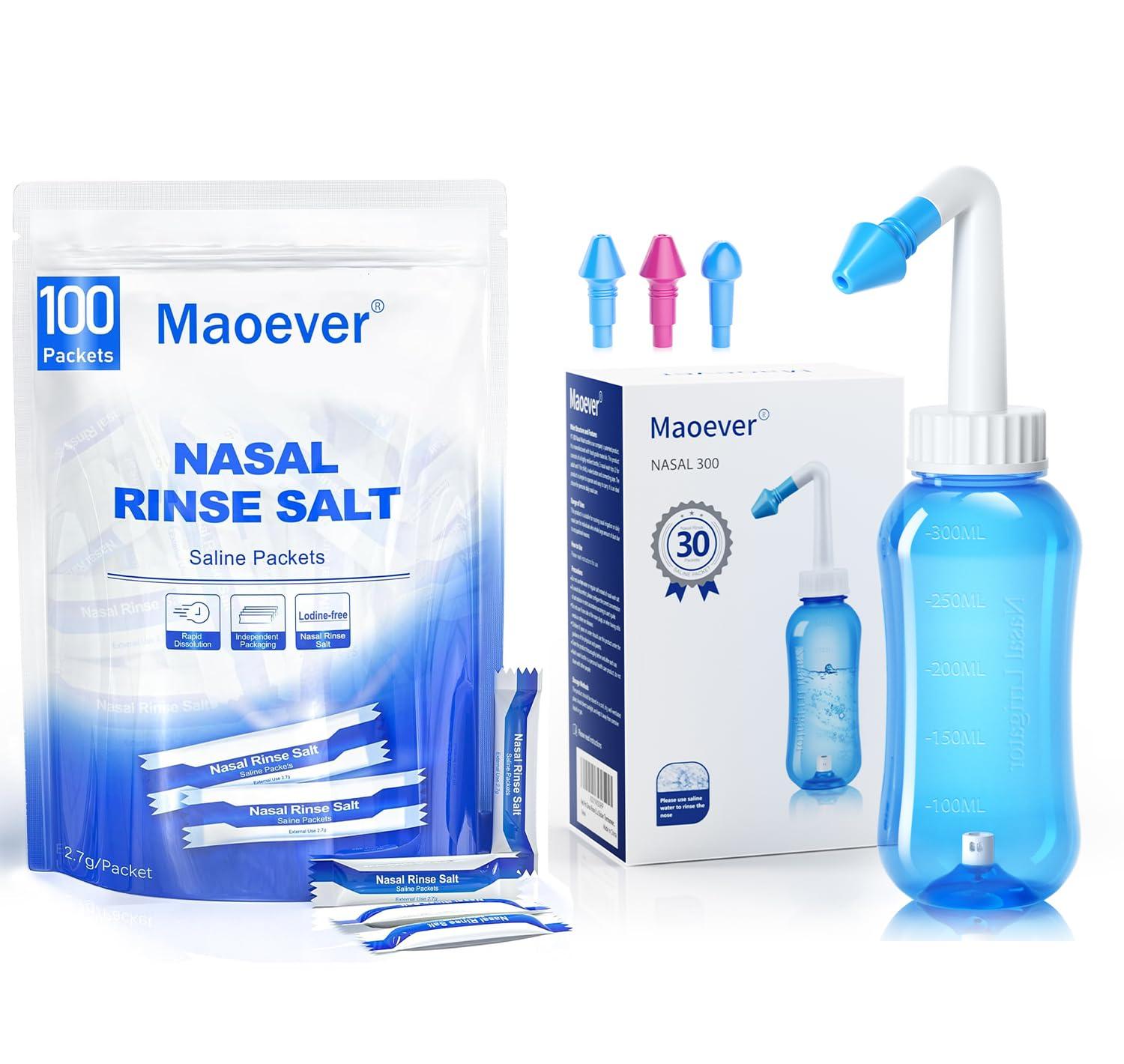 MAOEVER MAOEVER Neti Pot with 130 Nasal Wash Salt Packets Sinus Rinse Bottle Nose Wash Cleaner Pressure Rinse Nasal Irrigation for Adult & Kid BPA Free 300 ML Sticker Thermometer