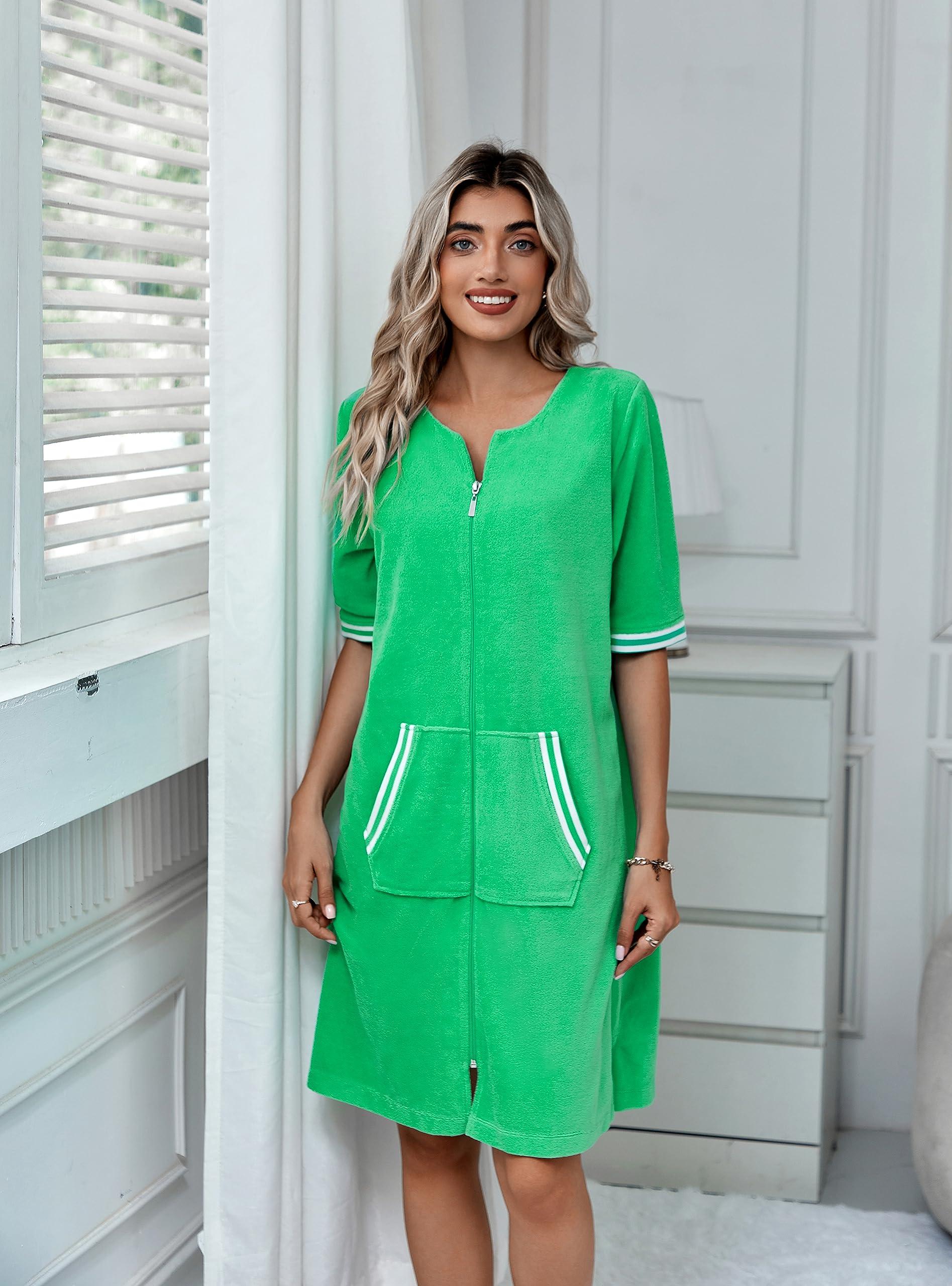 Richie House Richie House RH Housecoat Women Zipper Front Duster Robe 3/4 Lounger Housedress Pocket Nightgown S-3XL RHW4008-C-XL Green