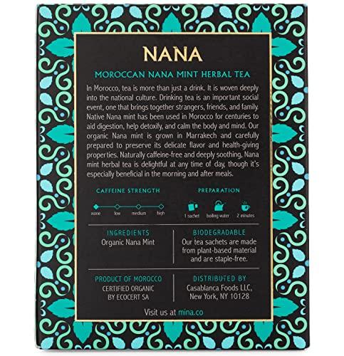 Mina Mina Nana Organic Moroccan Mint Herbal Tea, 15 Biodegradable Sachets - Refreshing Moroccan Mint Tea Bags, Herbal Tea, Caffeine-Free Moroccan Mint Tea Bags