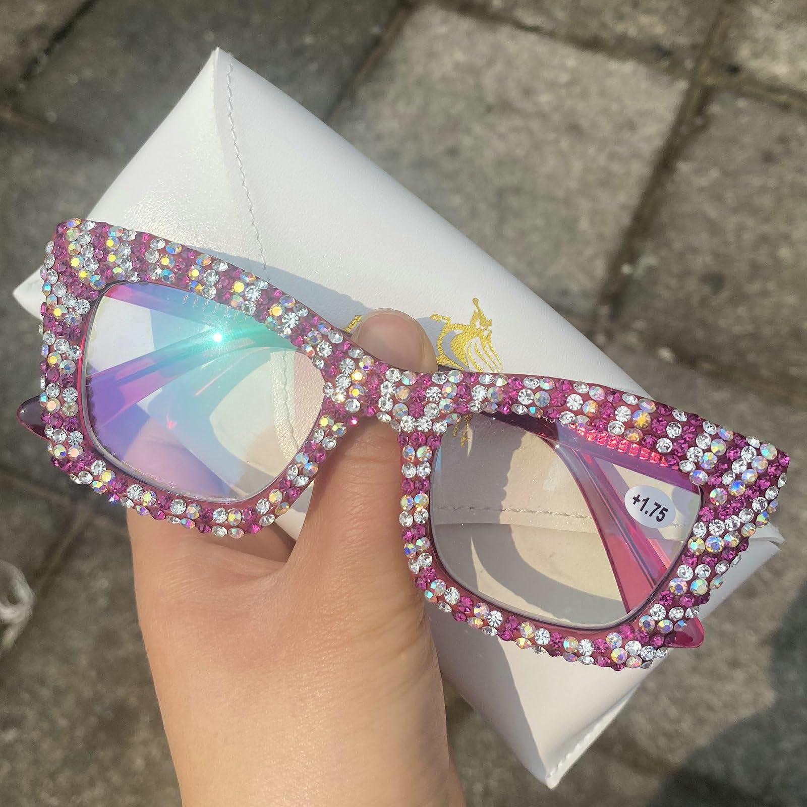 mincl mincl Oprah style Bling Rhinestone Reading Glasses for Women Shiny Diamond Blue Light Blocking Ladies Square Readers (rose, 1.25, x)
