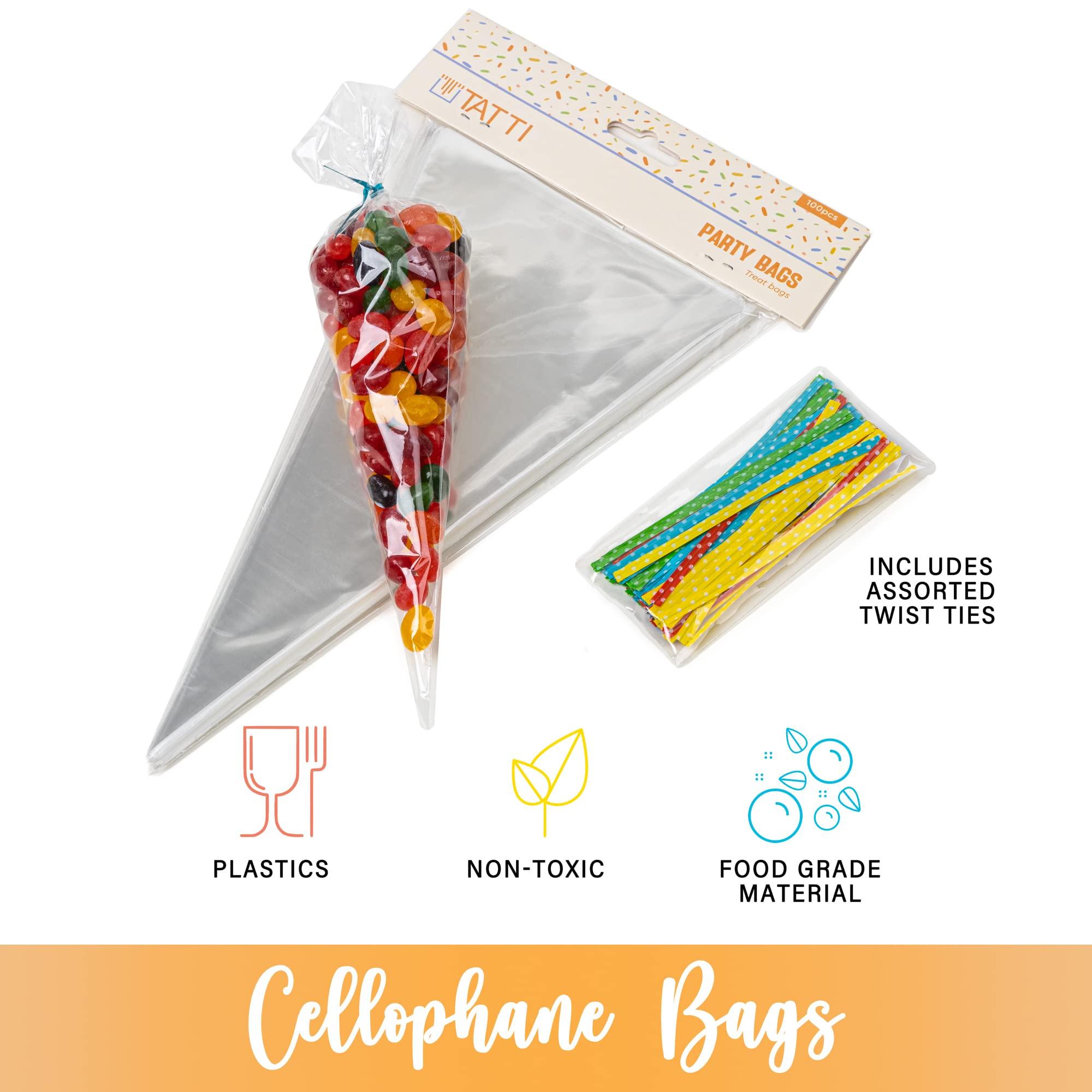 TATTI Cone Cellophane Bags,100 PCS 5.1\"x9.8\" Cello Clear Cone Shaped Treat Bags with Twist Ties, Plastic Cone Bags Triangle Bags for Popcorn Favor Candy